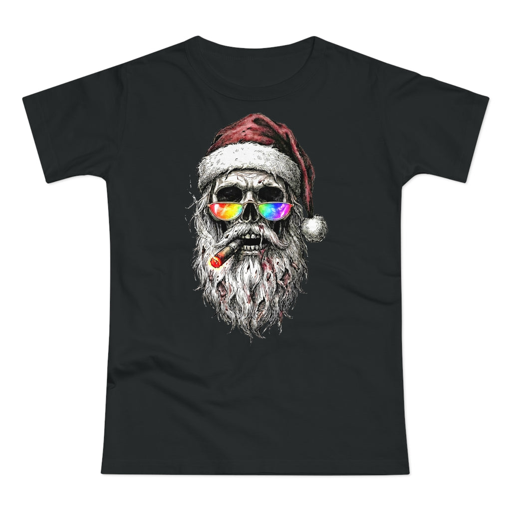 Dark-Santa: Frontprint, Womens' T-Shirt, Skull Retro Sunglasses & Cigar Holiday Tee