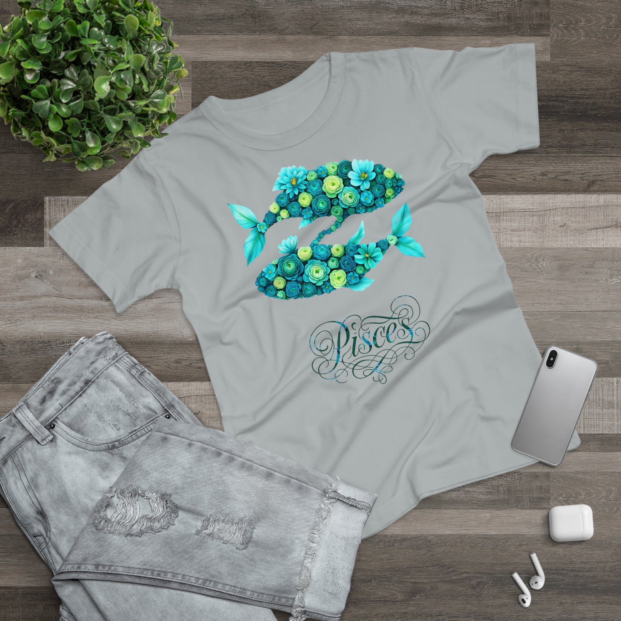 Fische: Frontprint, Womens' T-Shirt, florales Sternzeichen, Zodiac Astrologie (Pisces)
