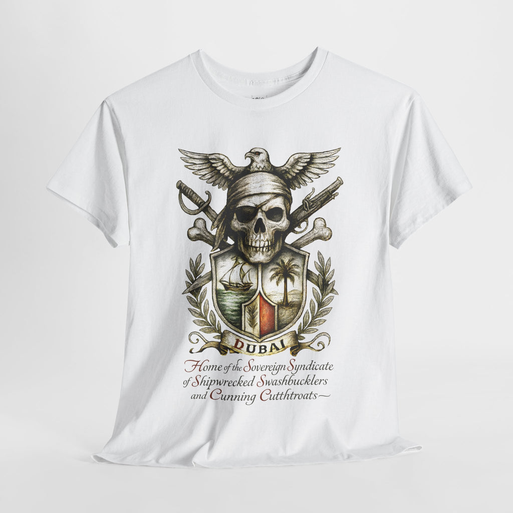 Grimwater Edition - Dubai, Skull & Crossbones Tee, Home of the Sovereign Syndicate of Swashbucklers Cutthroats