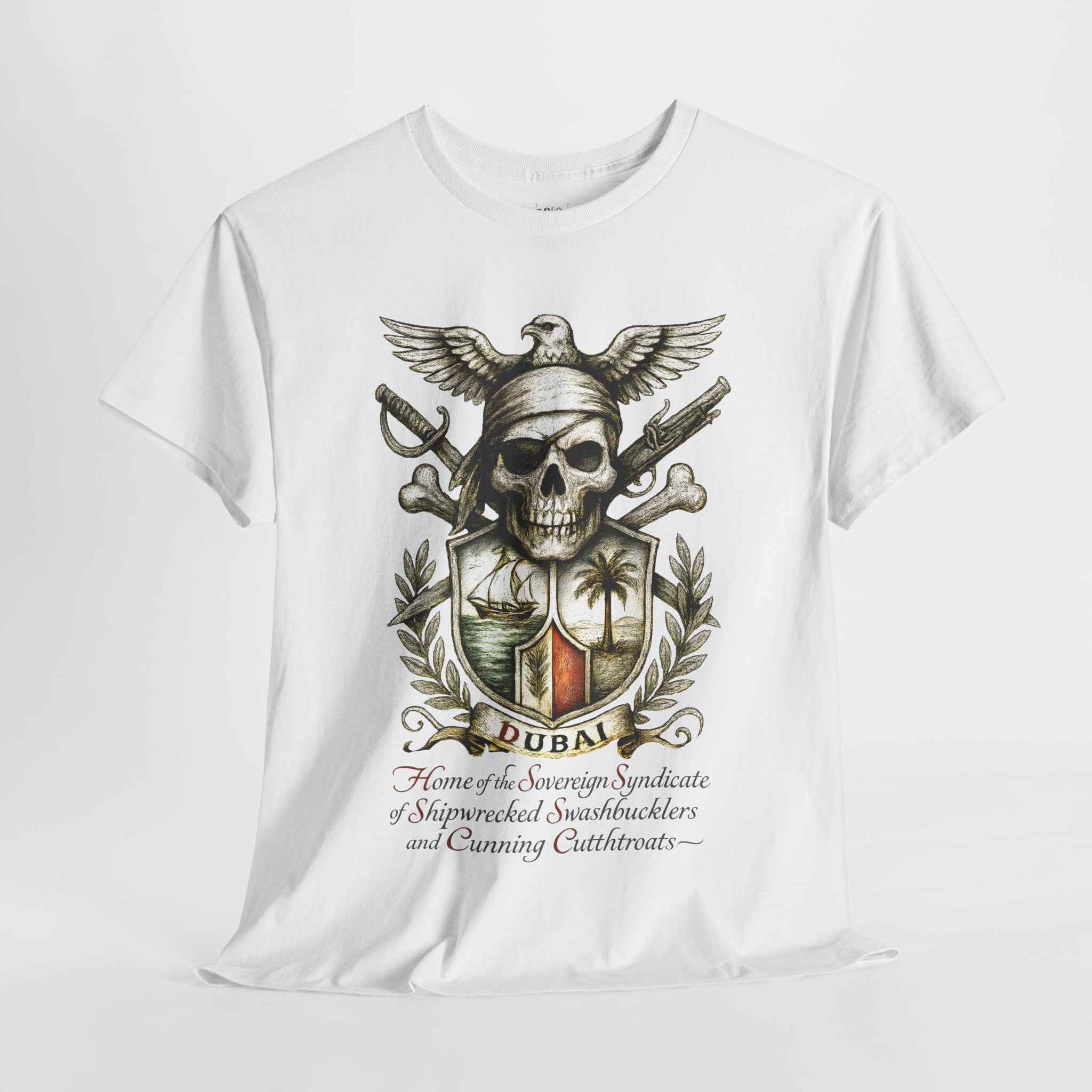 Grimwater Edition - Dubai, Skull & Crossbones Tee, Home of the Sovereign Syndicate of Swashbucklers Cutthroats