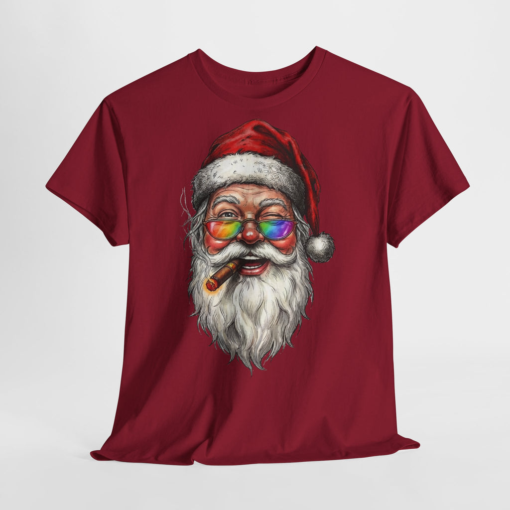 Friendly-Santa: Frontprint, Unisex T-Shirt, Colorful Retro Santa with Cigar Holiday Tee