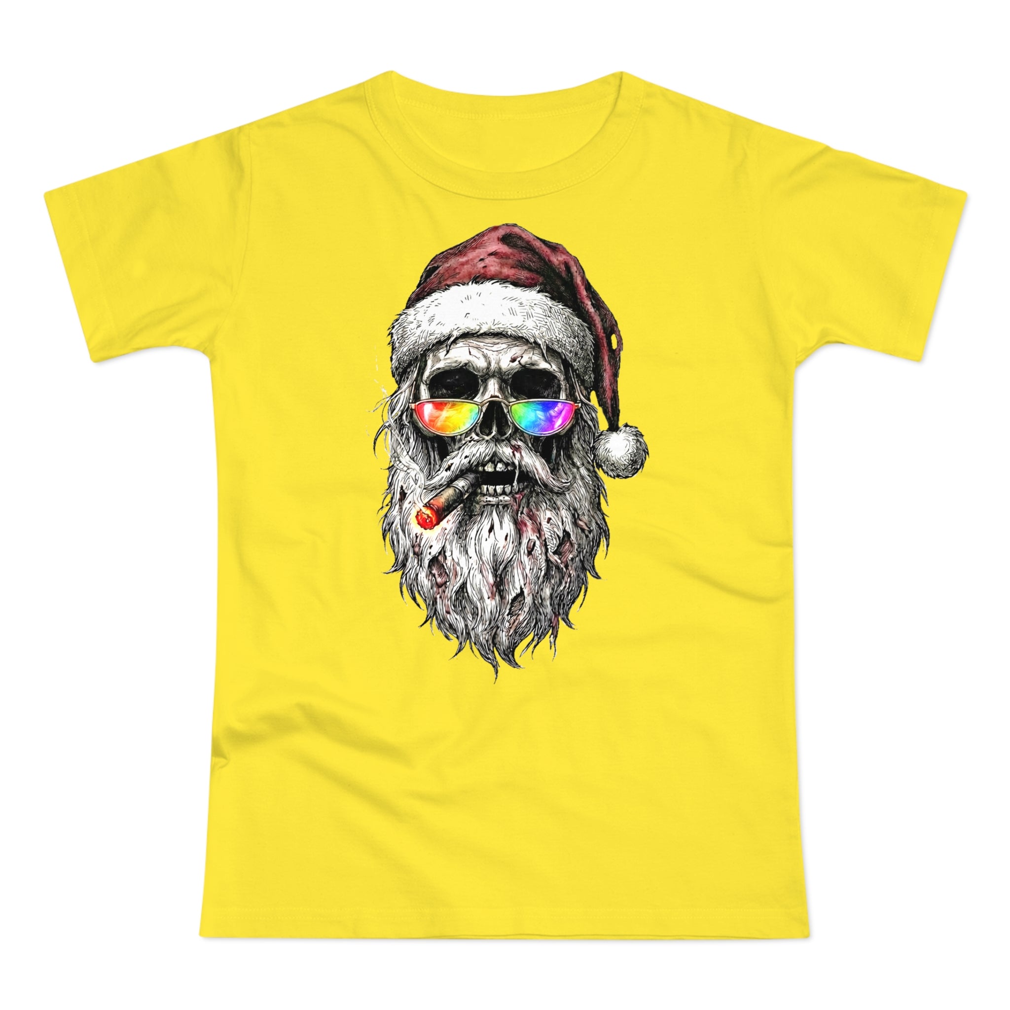 Dark-Santa: Frontprint, Womens' T-Shirt, Skull Retro Sunglasses & Cigar Holiday Tee