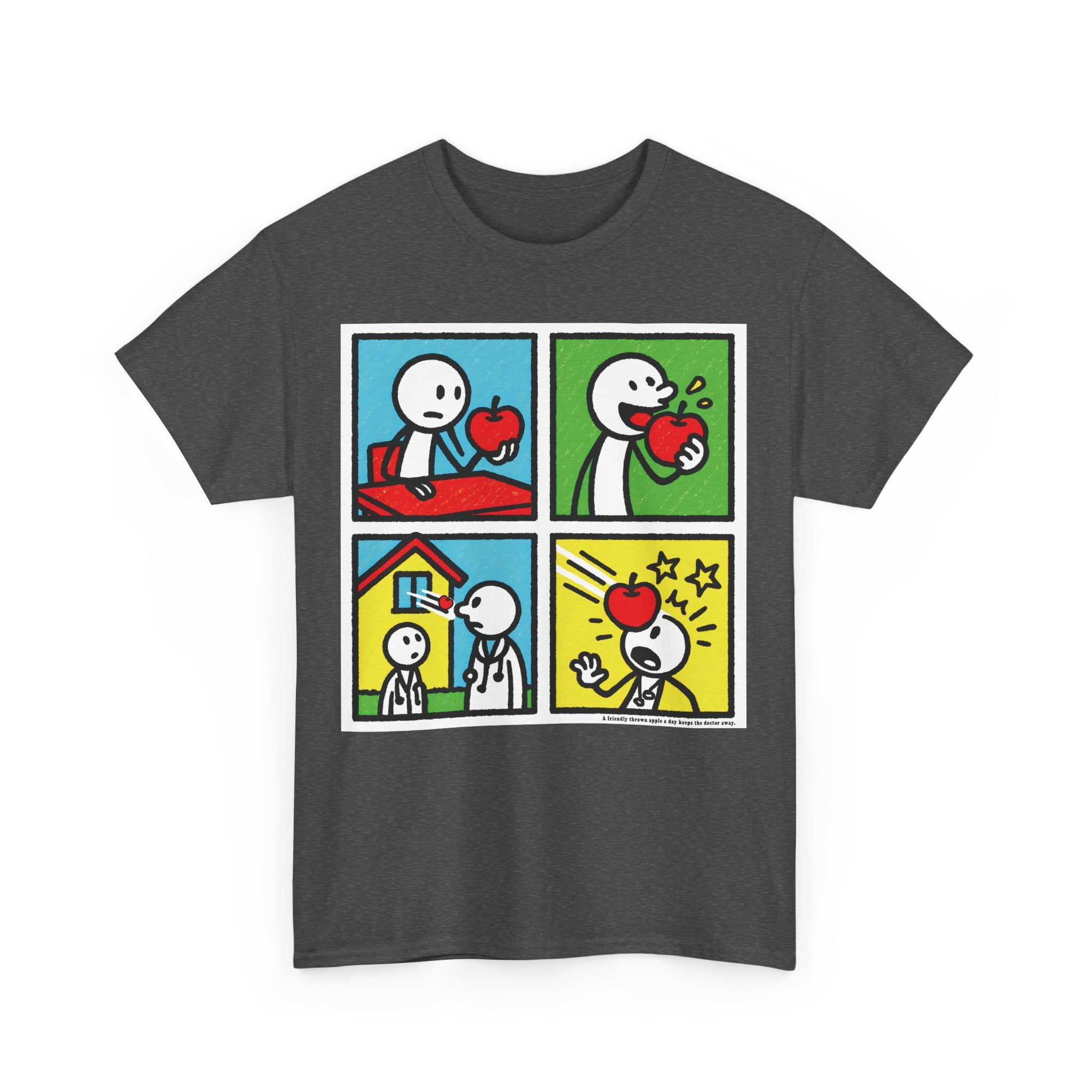 Proverb - A friendly thrown apple keeps doctor away, Funny Graphic Unisex Heavy Cotton Tee, Cute Gift for Friends, Heart Theme T-Shirt, Casual Wear, Gift for Birthdays, Celebrate Love