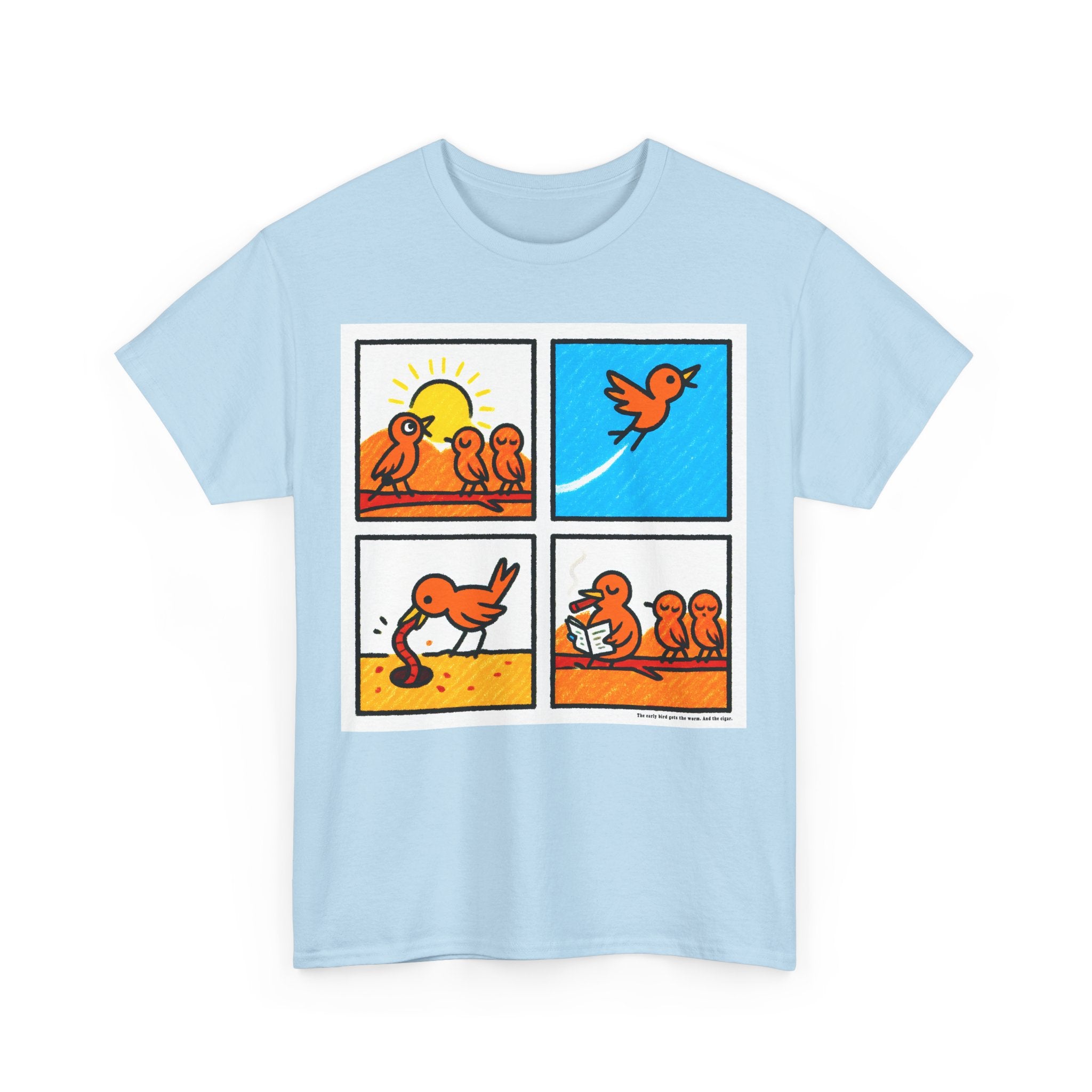 Proverb - Early bird GETS IT ALL, plus Cigar, Sunshine Birds Unisex Heavy Cotton Tee, Graphic Tee, Casual Wear, Gift for Bird Lovers, Funny T-Shirt, Nature Inspired Clothing