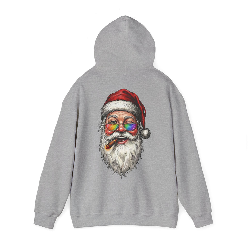 Friendly-Santa: Backprint, Unisex Hoodie, Rainbow Glasses Hoodie – Colorful Retro Christmas Sweatshirt