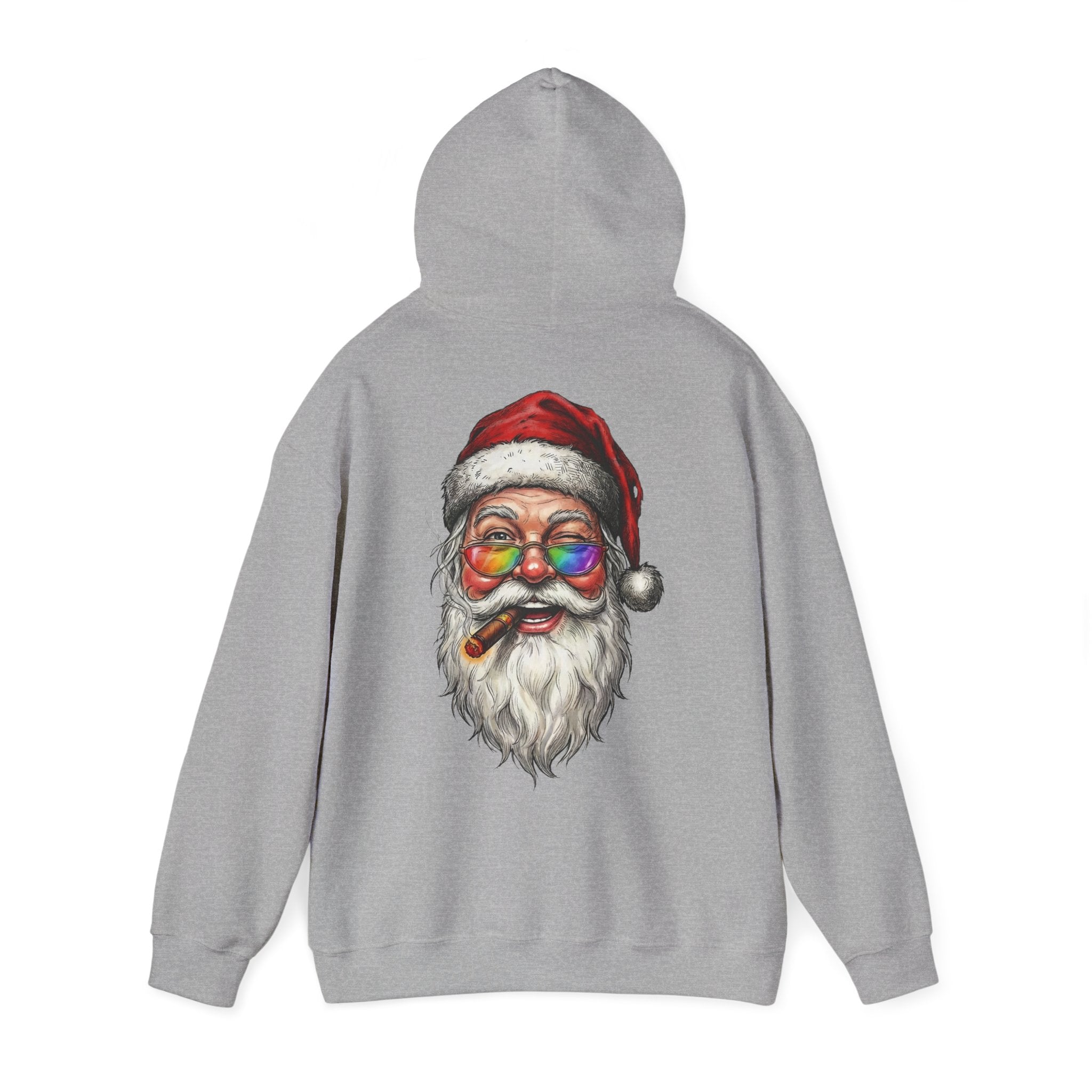 Friendly-Santa: Backprint, Unisex Hoodie, Rainbow Glasses Hoodie – Colorful Retro Christmas Sweatshirt