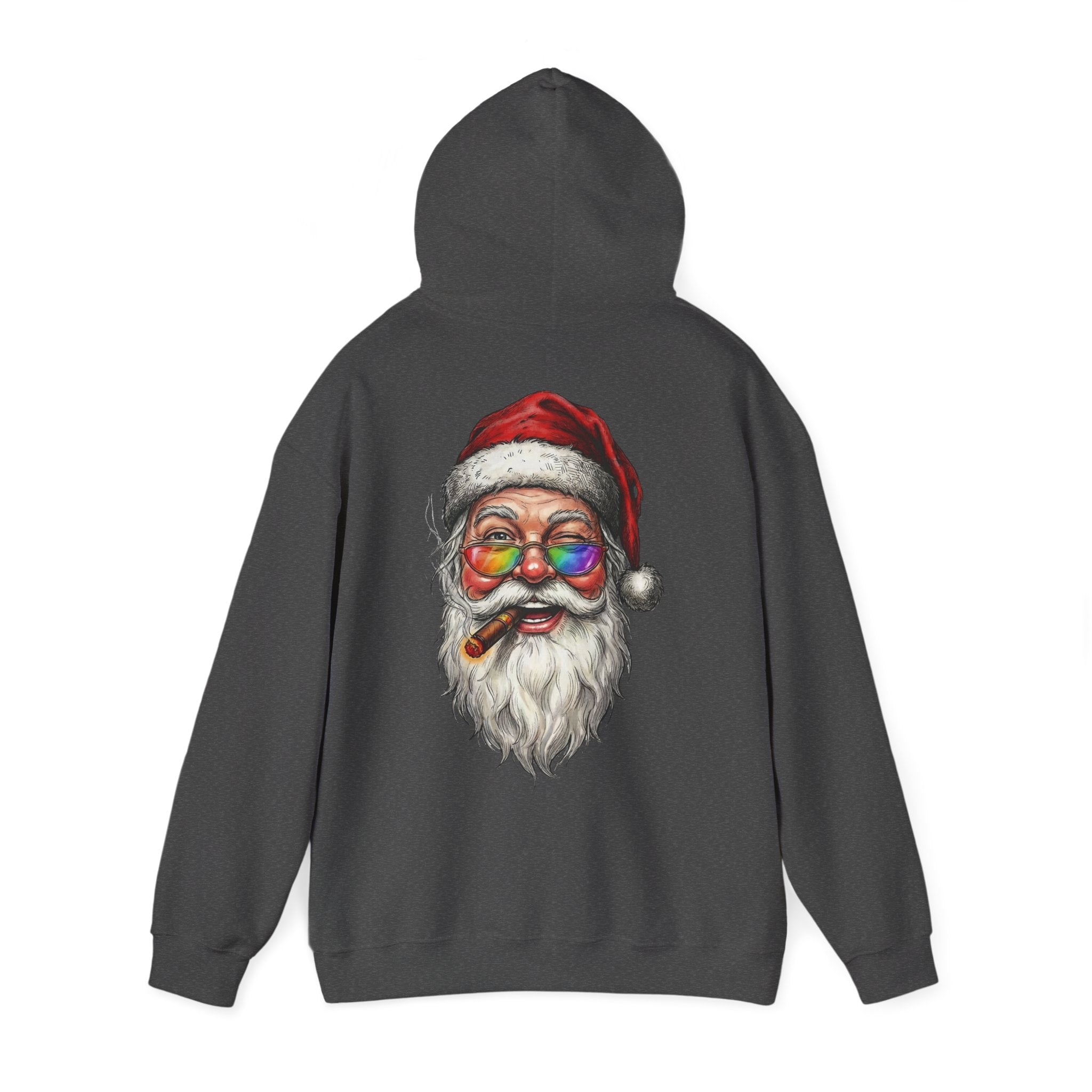 Friendly-Santa: Backprint, Unisex Hoodie, Rainbow Glasses Hoodie – Colorful Retro Christmas Sweatshirt