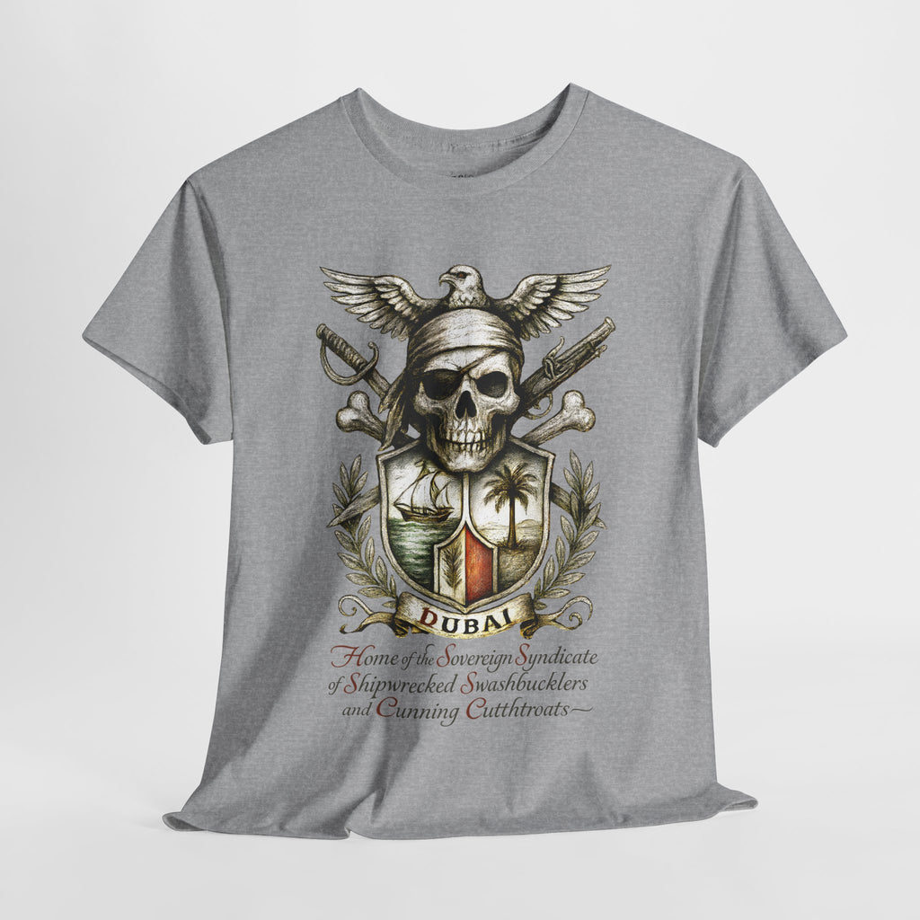 Grimwater Edition - Dubai, Skull & Crossbones Tee, Home of the Sovereign Syndicate of Swashbucklers Cutthroats