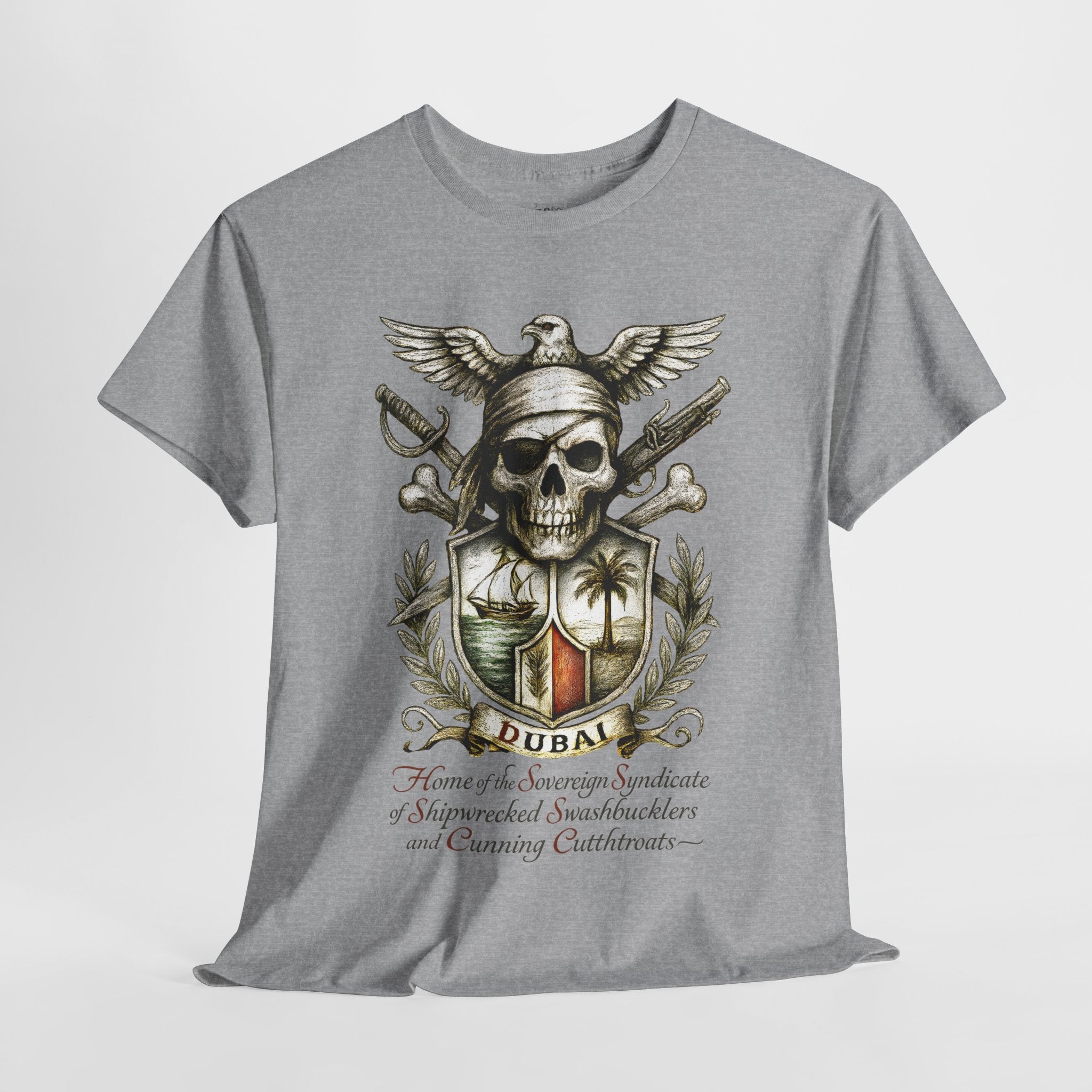 Grimwater Edition - Dubai, Skull & Crossbones Tee, Home of the Sovereign Syndicate of Swashbucklers Cutthroats