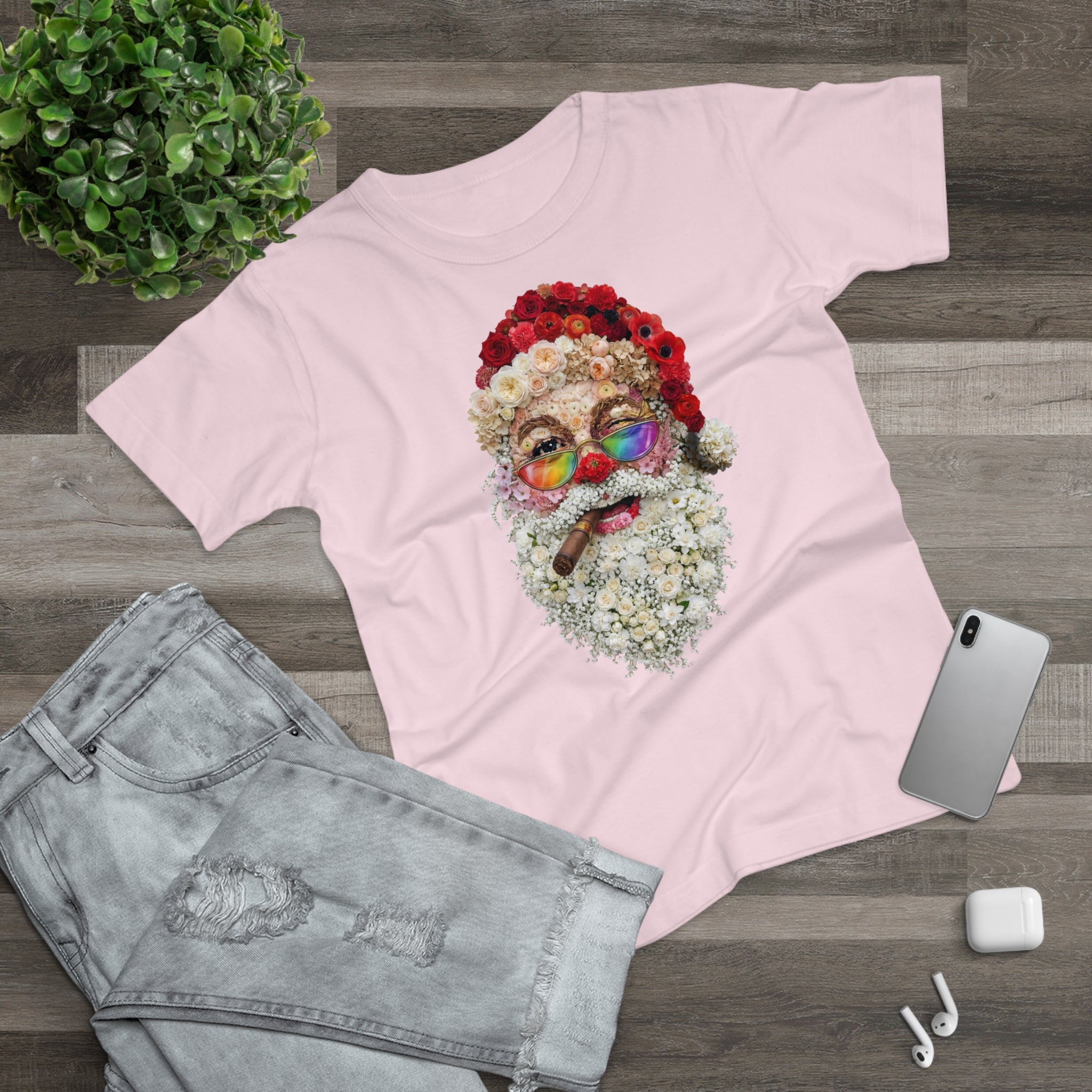 Blumen-Santa: Frontprint, Womens' T-Shirt, Rainbow Glasses & Cigar Holiday T-Shirt