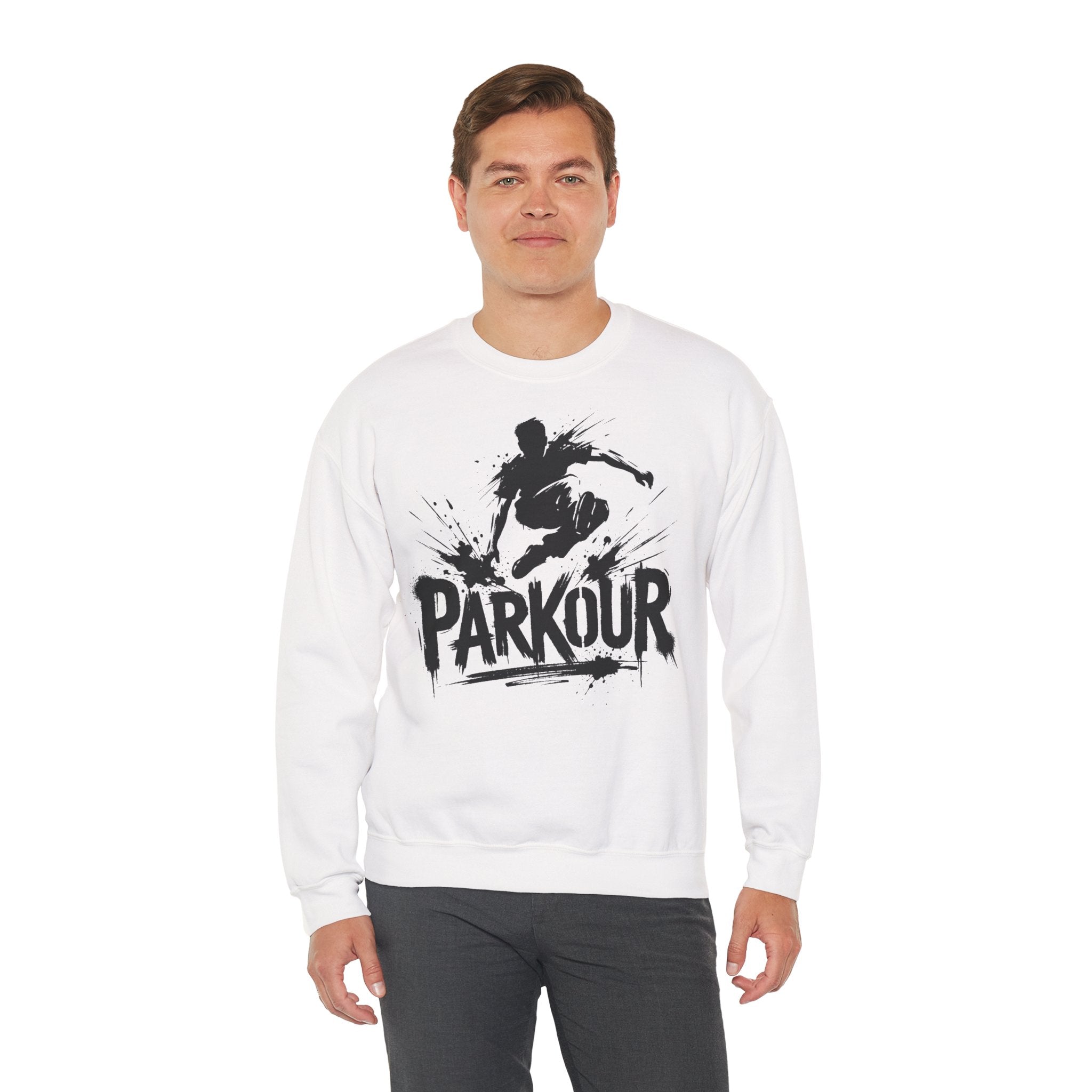 Parkour 01: Frontprint, Unisex Sweatshirt - Urban Stunt Silhouette Crewneck