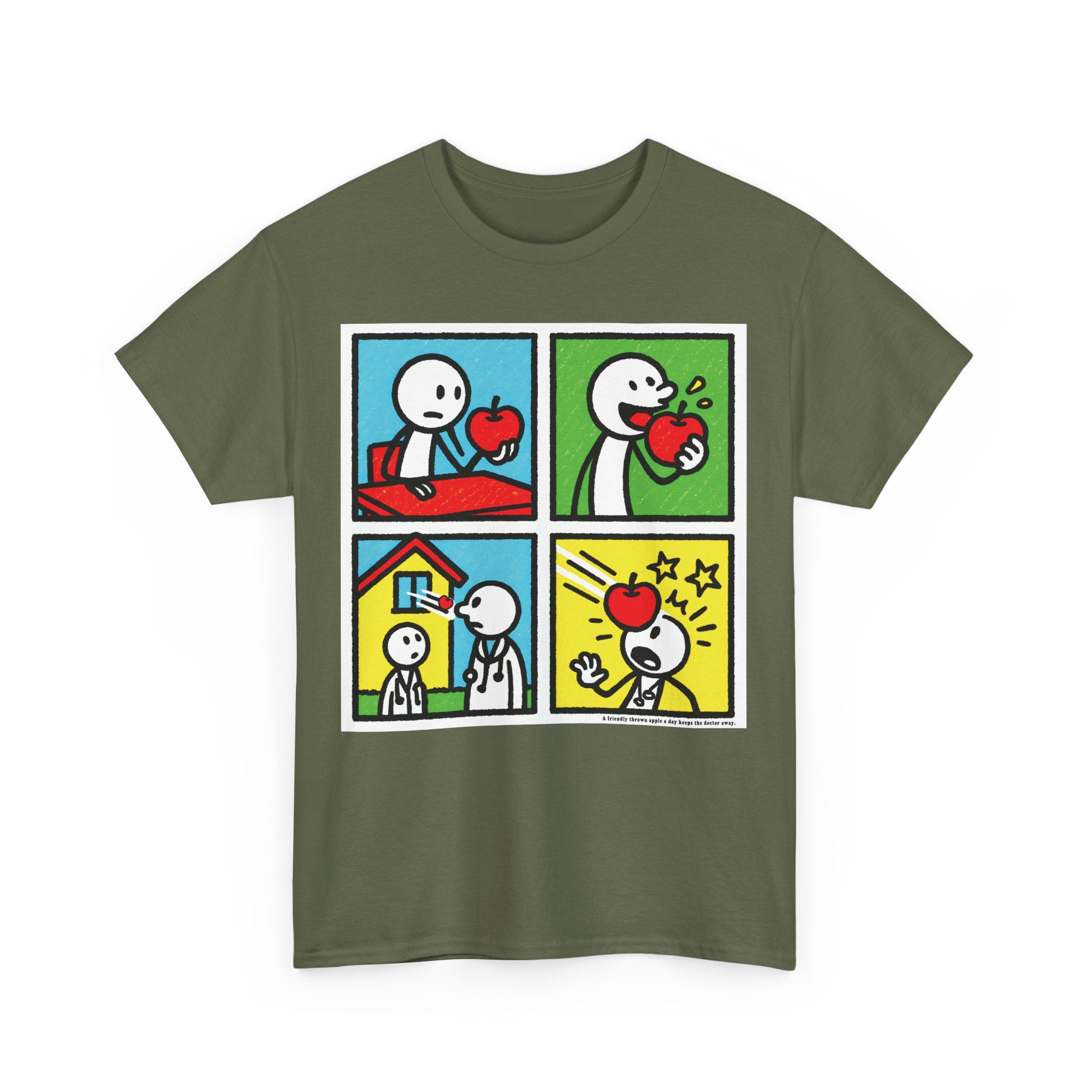 Proverb - A friendly thrown apple keeps doctor away, Funny Graphic Unisex Heavy Cotton Tee, Cute Gift for Friends, Heart Theme T-Shirt, Casual Wear, Gift for Birthdays, Celebrate Love