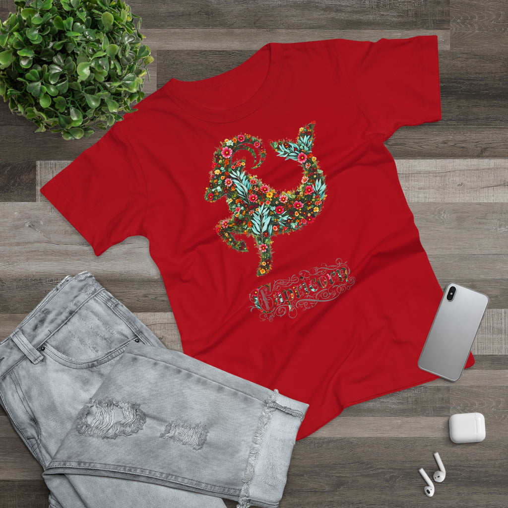 Steinbock: Frontprint, Womens' T-Shirt, florales Sternzeichen, Zodiac Astrologie (Capricorn)