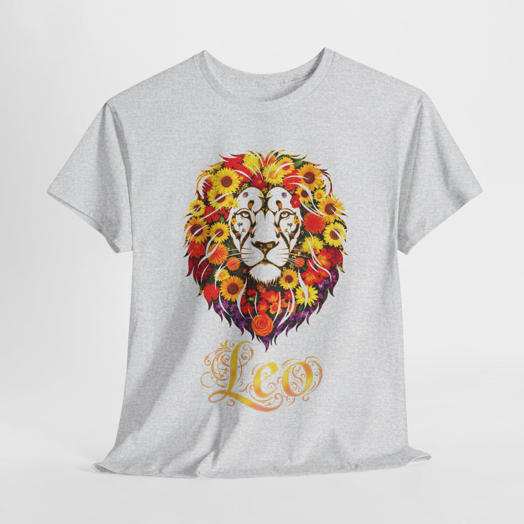 Leo Floral Zodiac Shirt, Unisex Heavy Cotton T-Shirt, Nature Lover Gift, Artistic Apparel, Animal Lover Shirt, Casual Wear