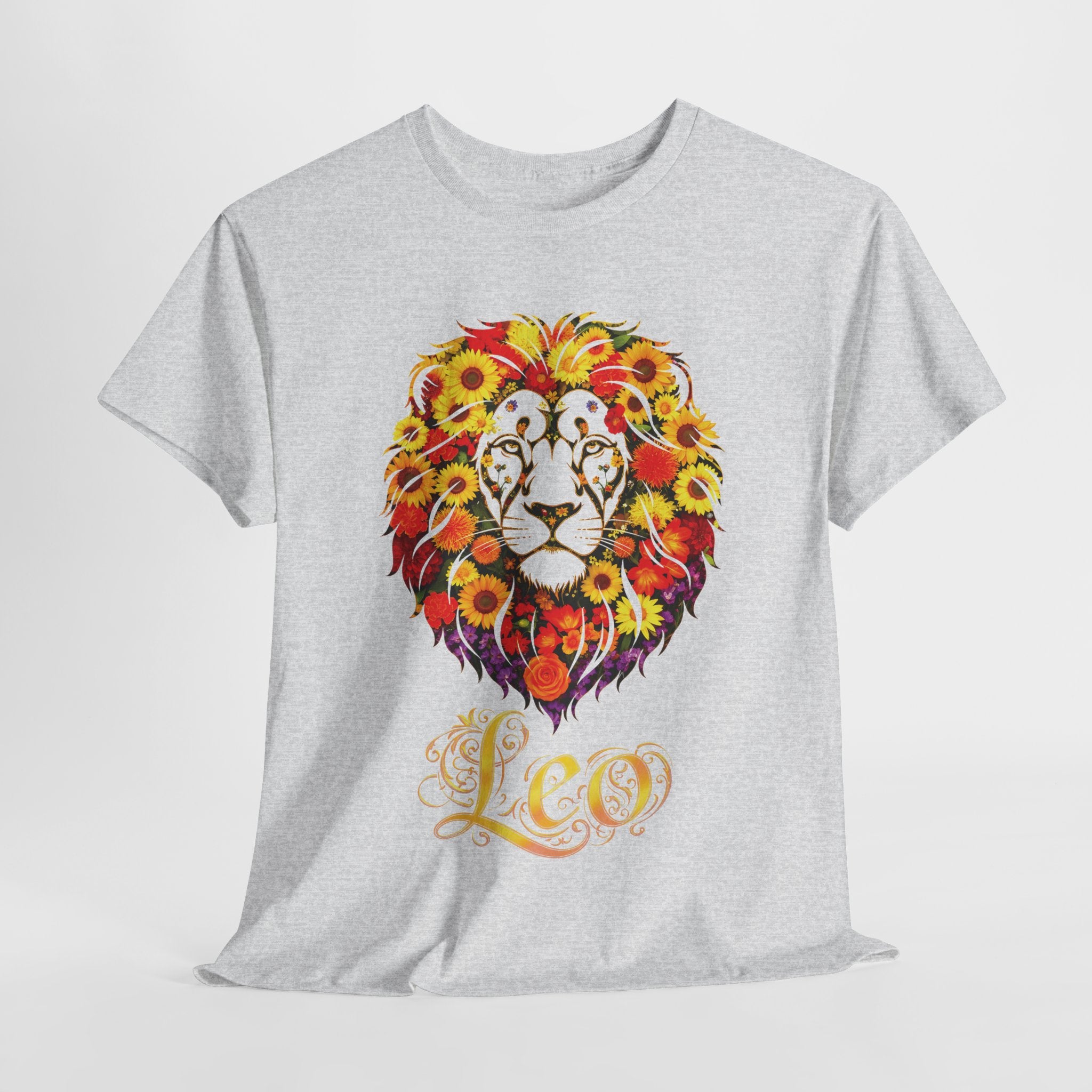 Leo Floral Zodiac Shirt, Unisex Heavy Cotton T-Shirt, Nature Lover Gift, Artistic Apparel, Animal Lover Shirt, Casual Wear