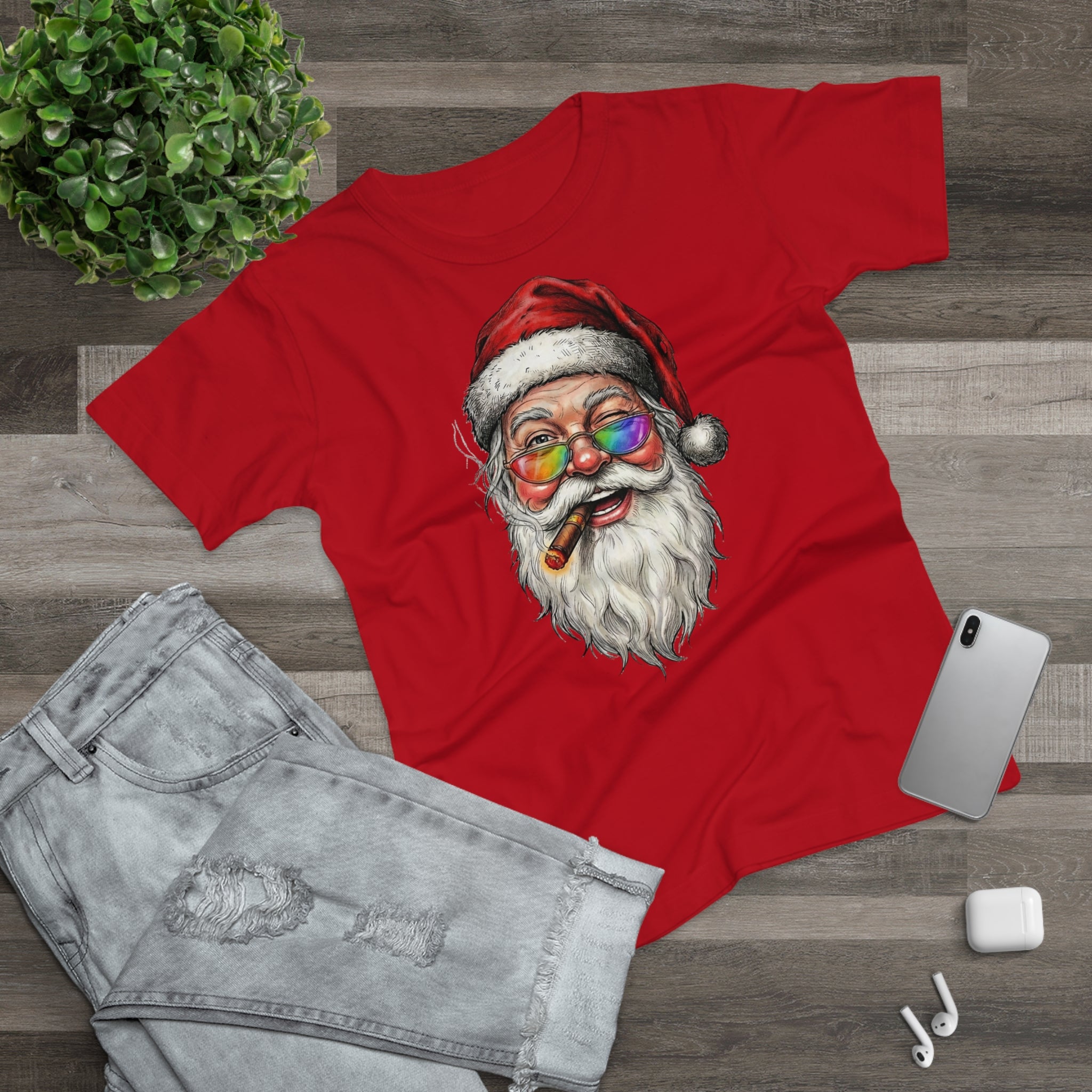 Friendly-Santa: Frontprint, Womens' T-Shirt, Colorful Glasses & Cigar Christmas Tee