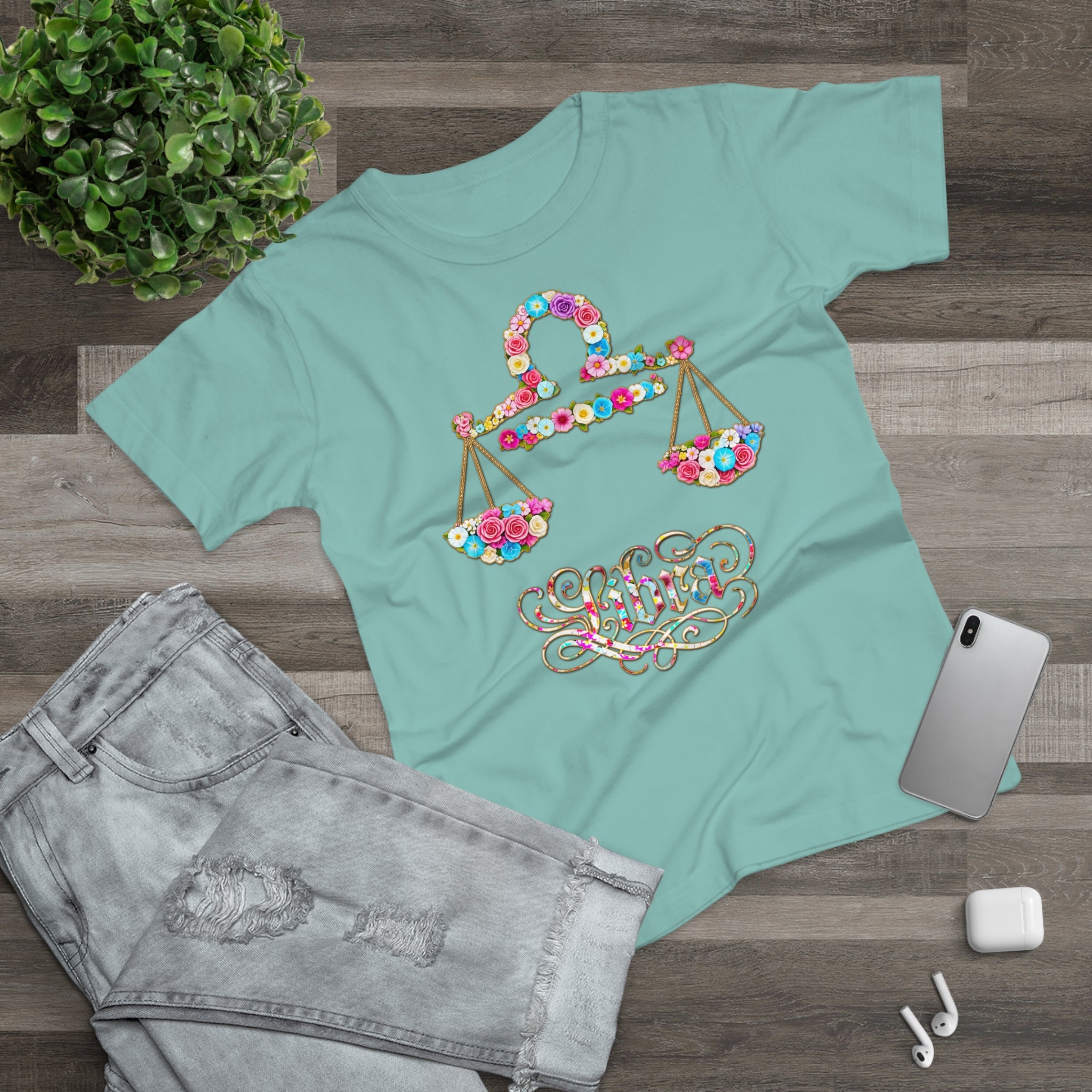 Waage: Frontprint, Womens' T-Shirt, florales Sternzeichen, Zodiac Astrologie (Libra)