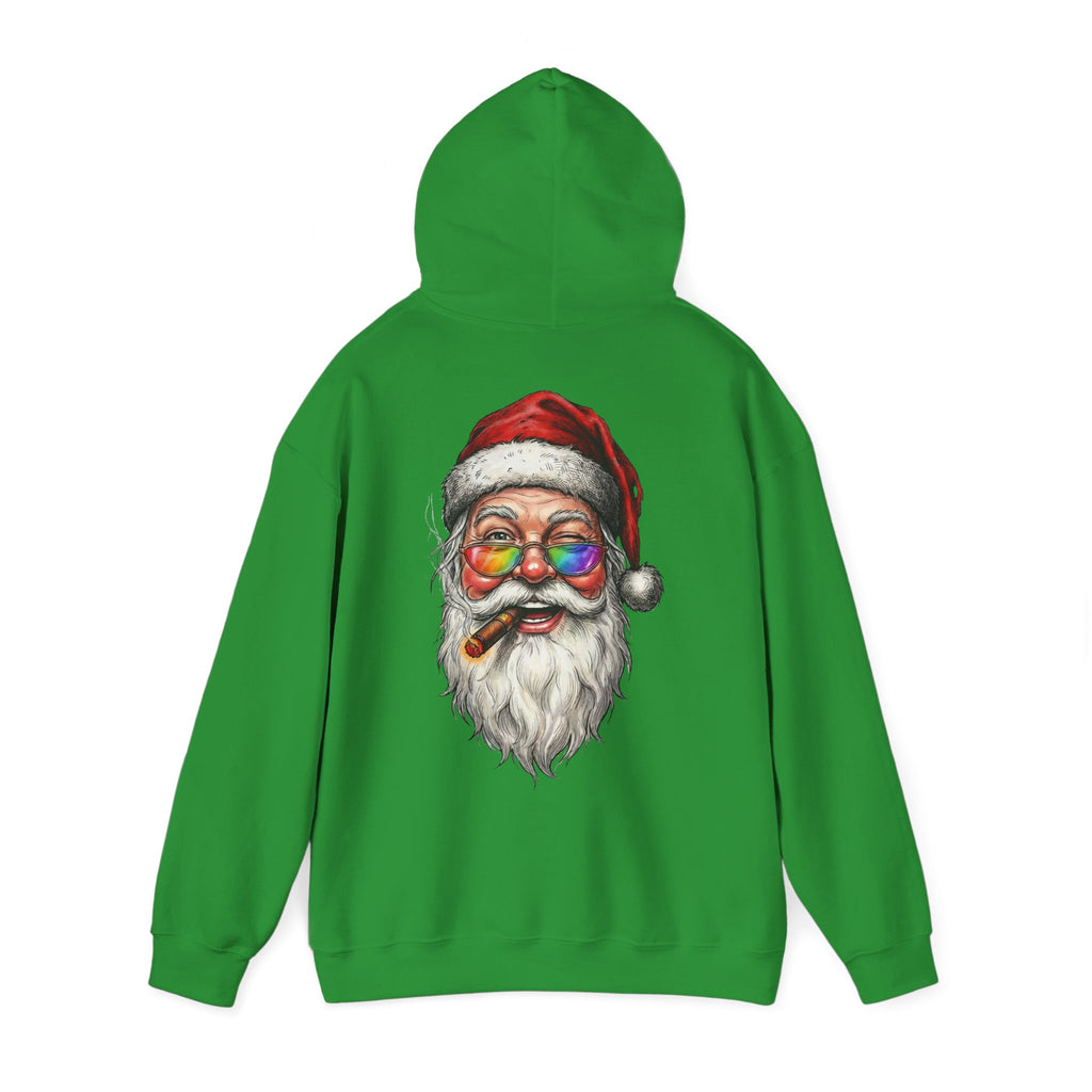 Friendly-Santa: Backprint, Unisex Hoodie, Rainbow Glasses Hoodie – Colorful Retro Christmas Sweatshirt