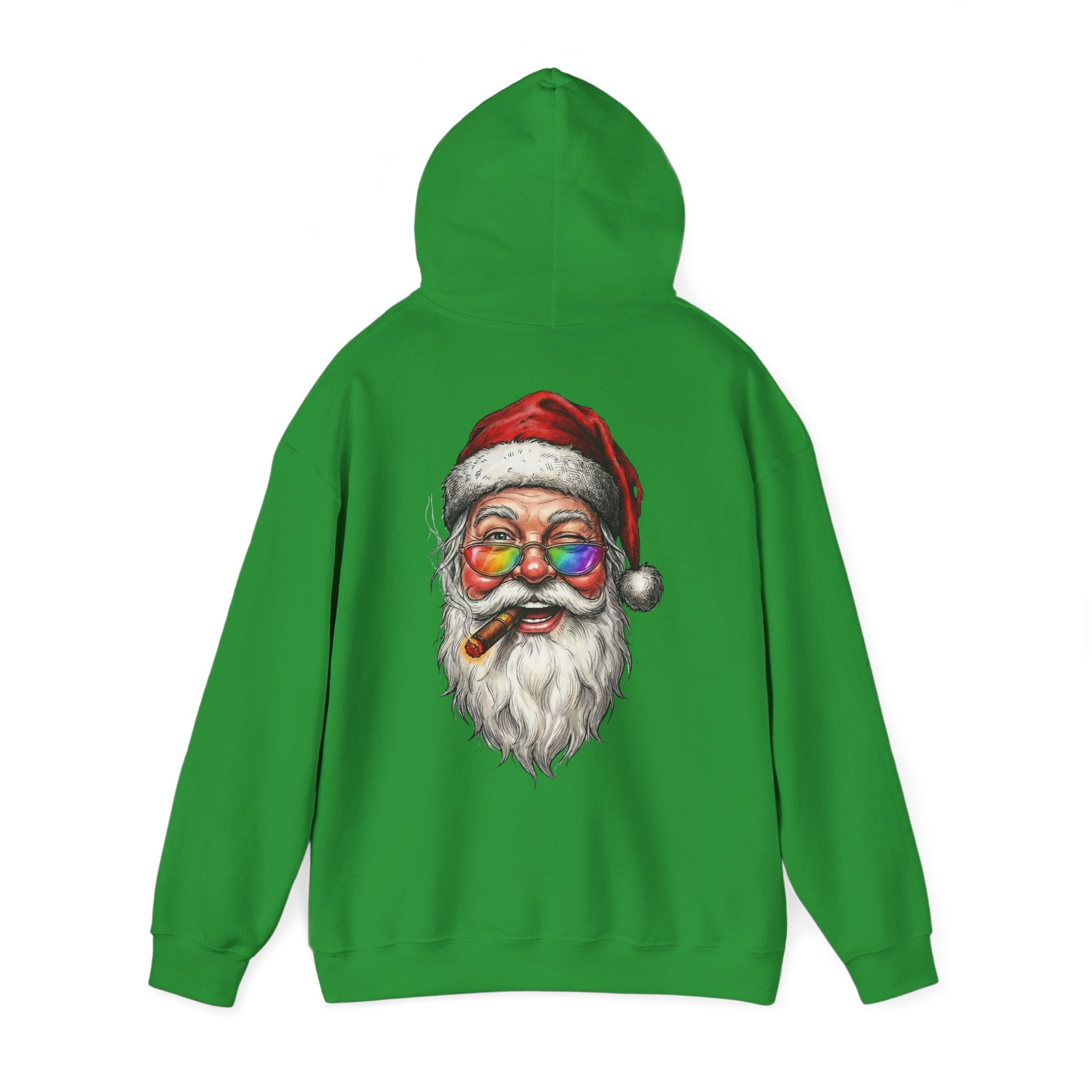 Friendly-Santa: Backprint, Unisex Hoodie, Rainbow Glasses Hoodie – Colorful Retro Christmas Sweatshirt