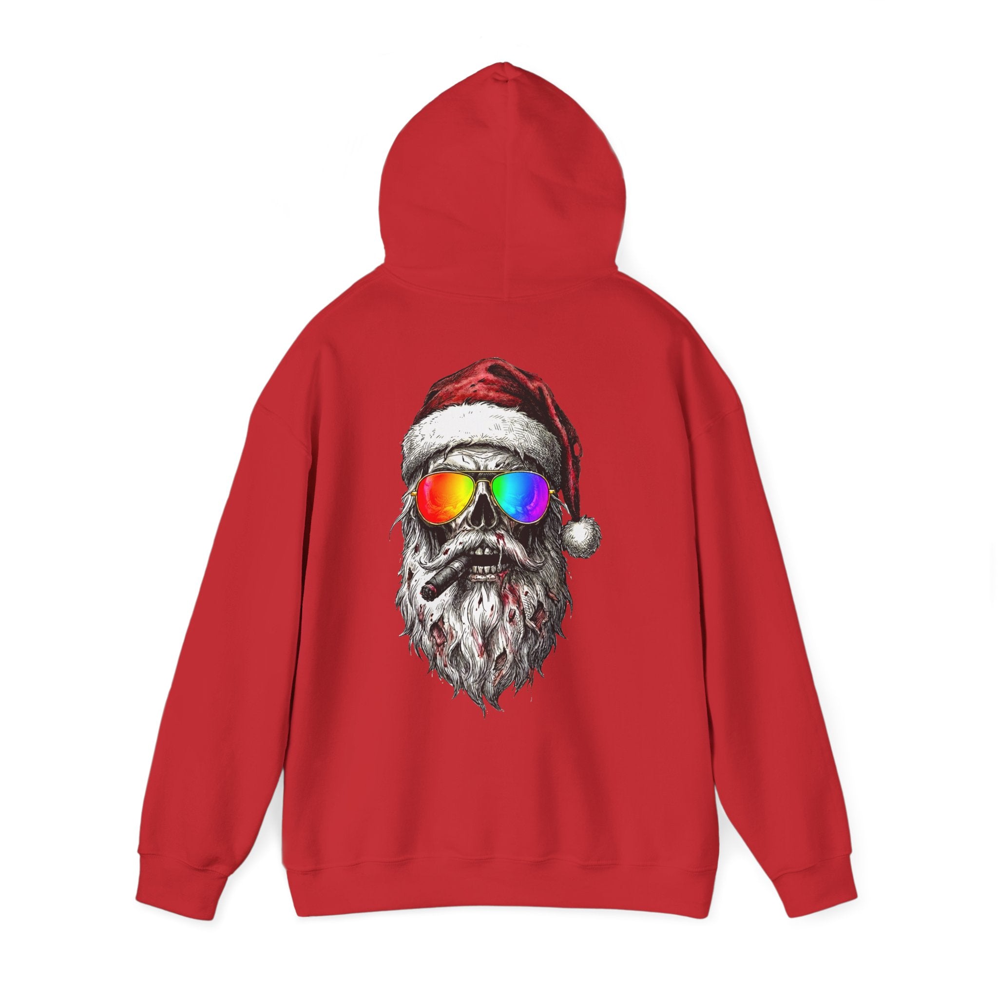 Pilot-Santa: Backprint, Unisex Hoodie Skull with Rainbow Sunglasses – Christmas Punk Pullover