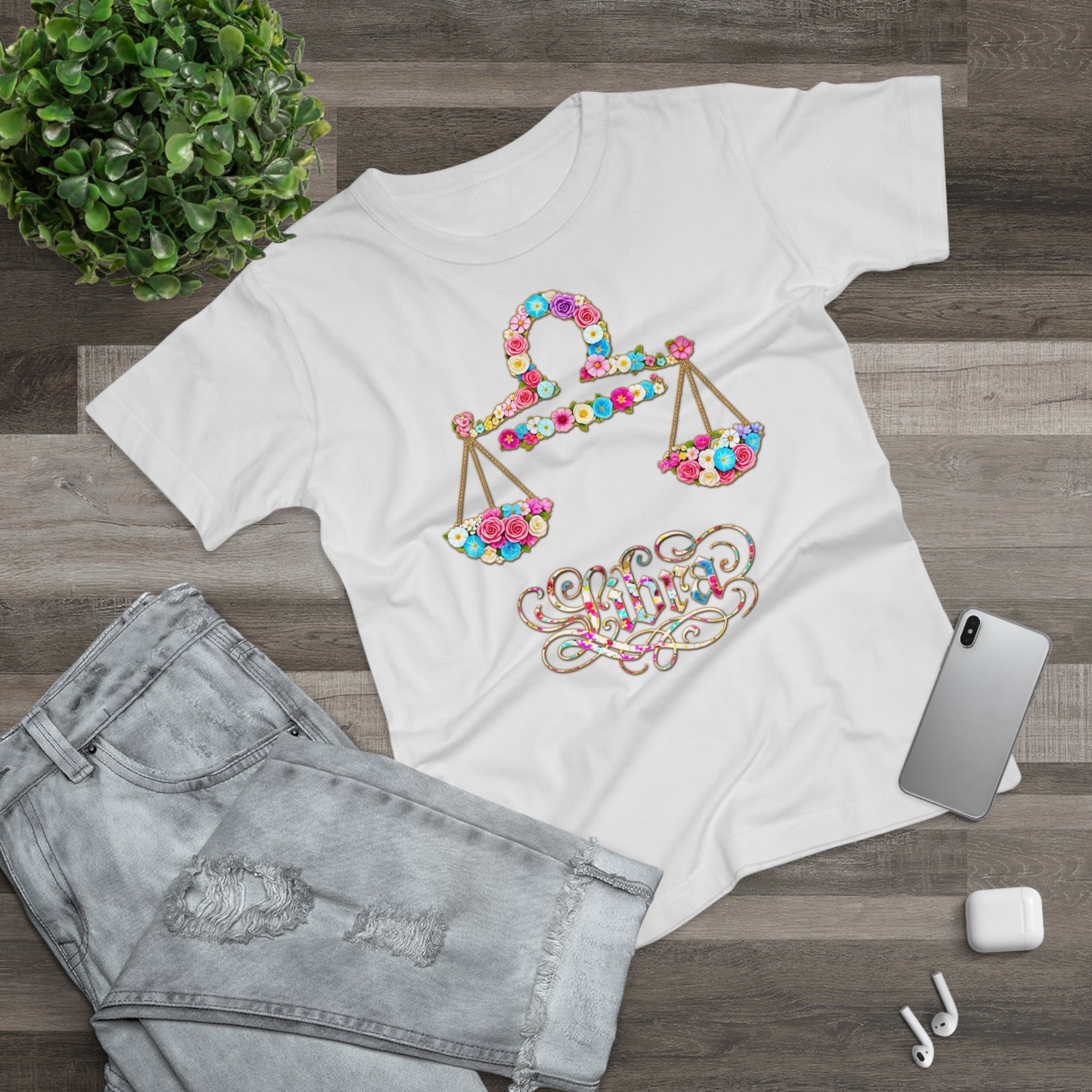 Waage: Frontprint, Womens' T-Shirt, florales Sternzeichen, Zodiac Astrologie (Libra)