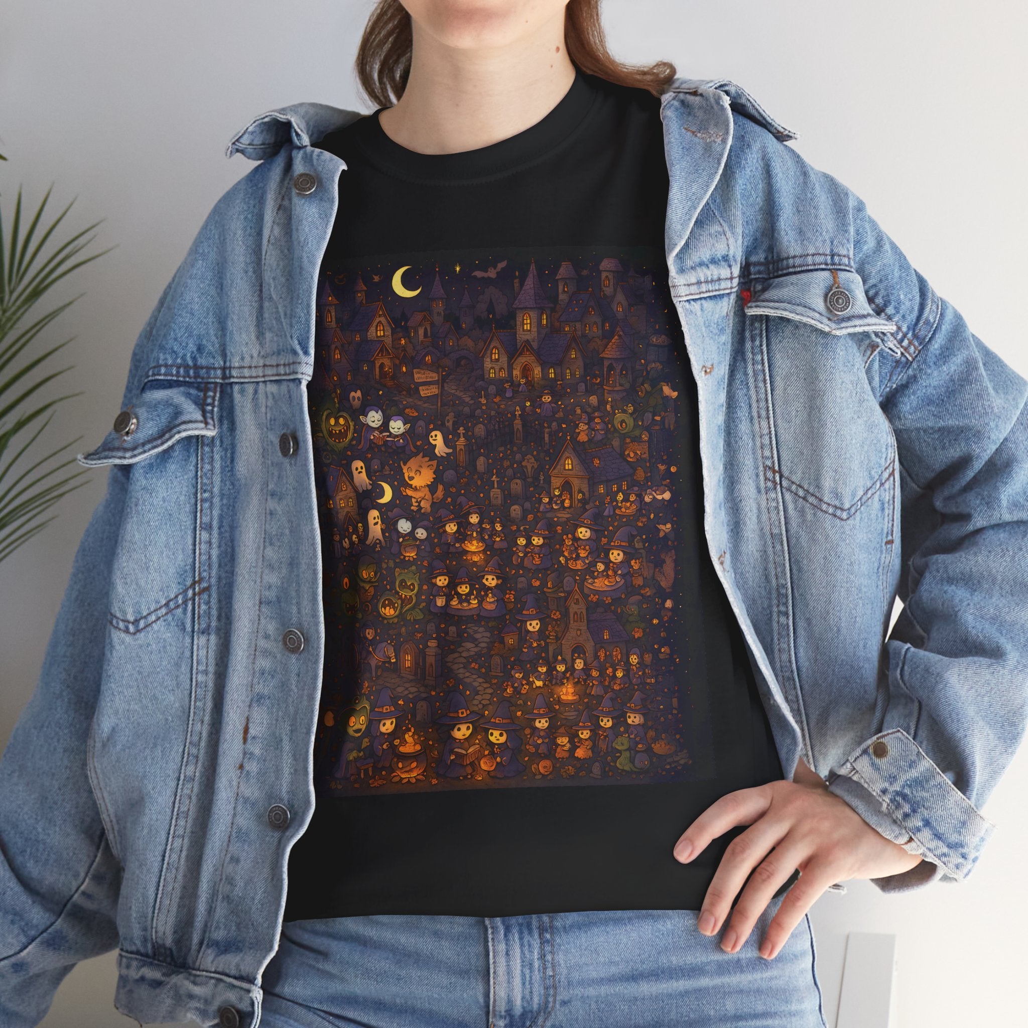 Wimmelbild Halloween Inspired Unisex Heavy Cotton Tee, Spooky Graphic Tee, Casual Wear, Fall Apparel, Perfect for Halloween Parties