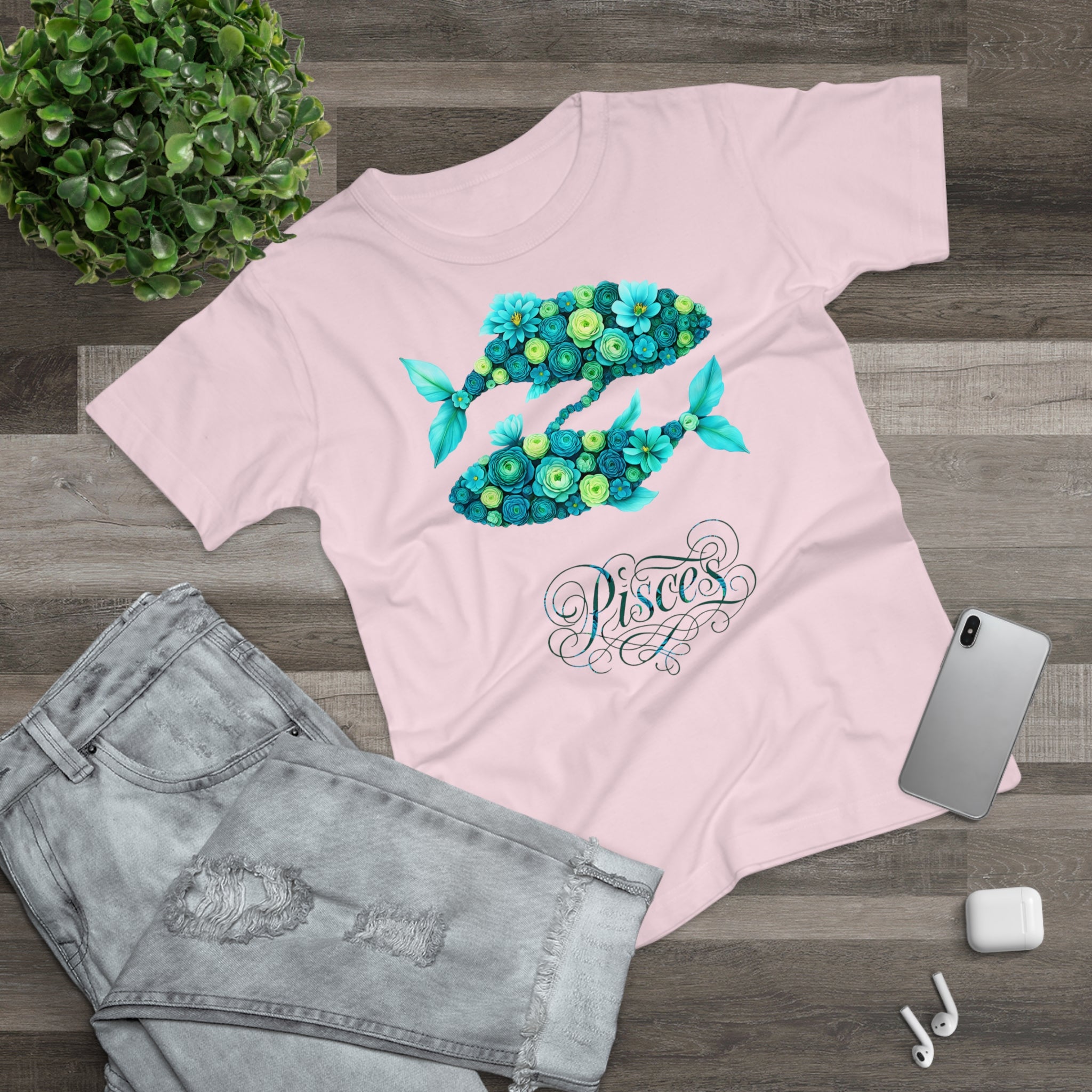 Fische: Frontprint, Womens' T-Shirt, florales Sternzeichen, Zodiac Astrologie (Pisces)