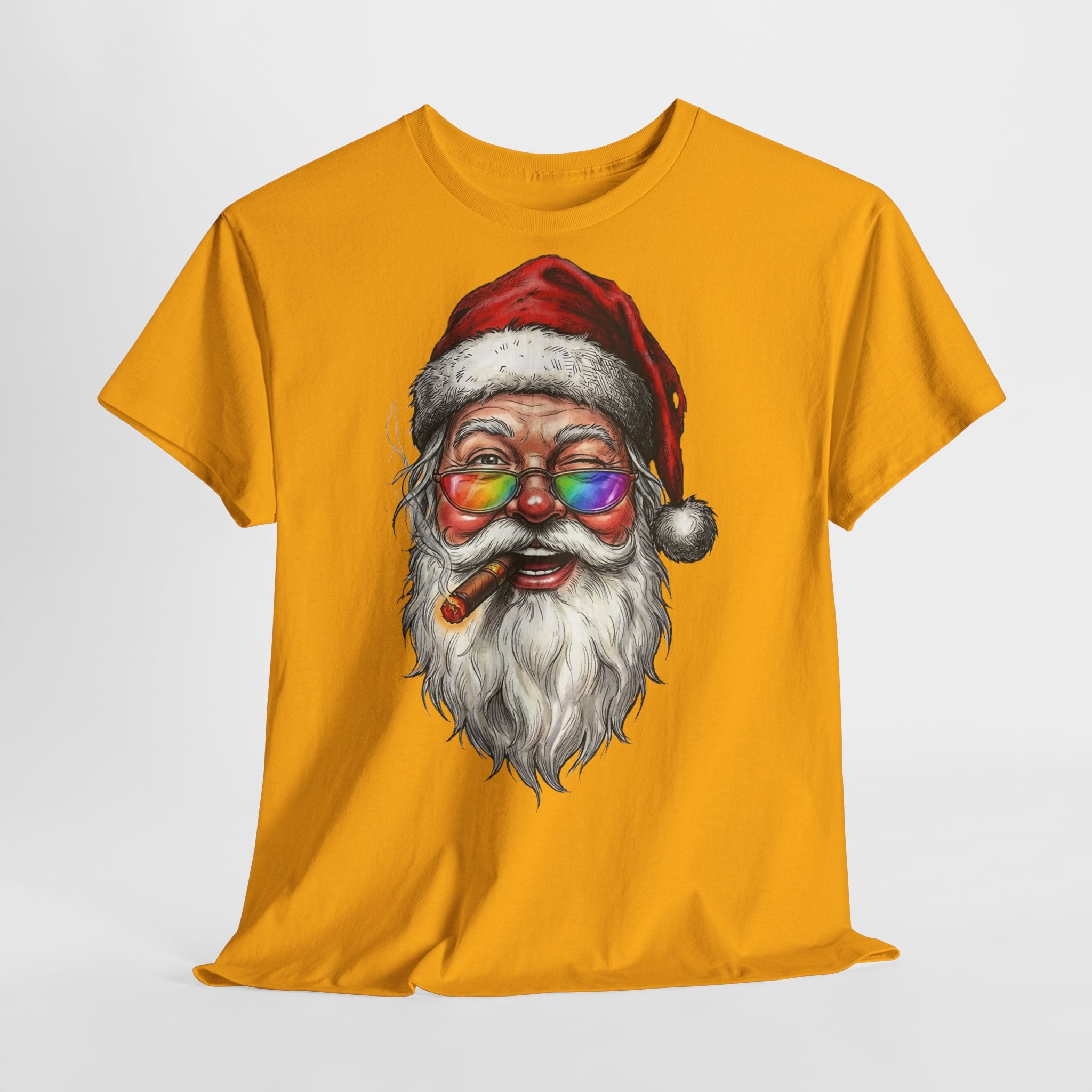 Friendly-Santa: Frontprint, Unisex T-Shirt, Colorful Retro Santa with Cigar Holiday Tee