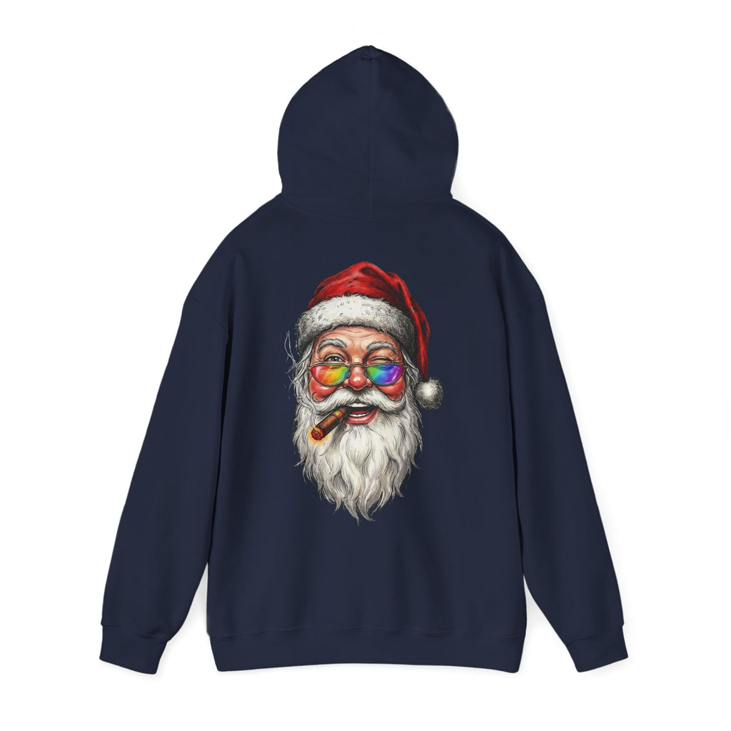 Friendly-Santa: Backprint, Unisex Hoodie, Rainbow Glasses Hoodie – Colorful Retro Christmas Sweatshirt