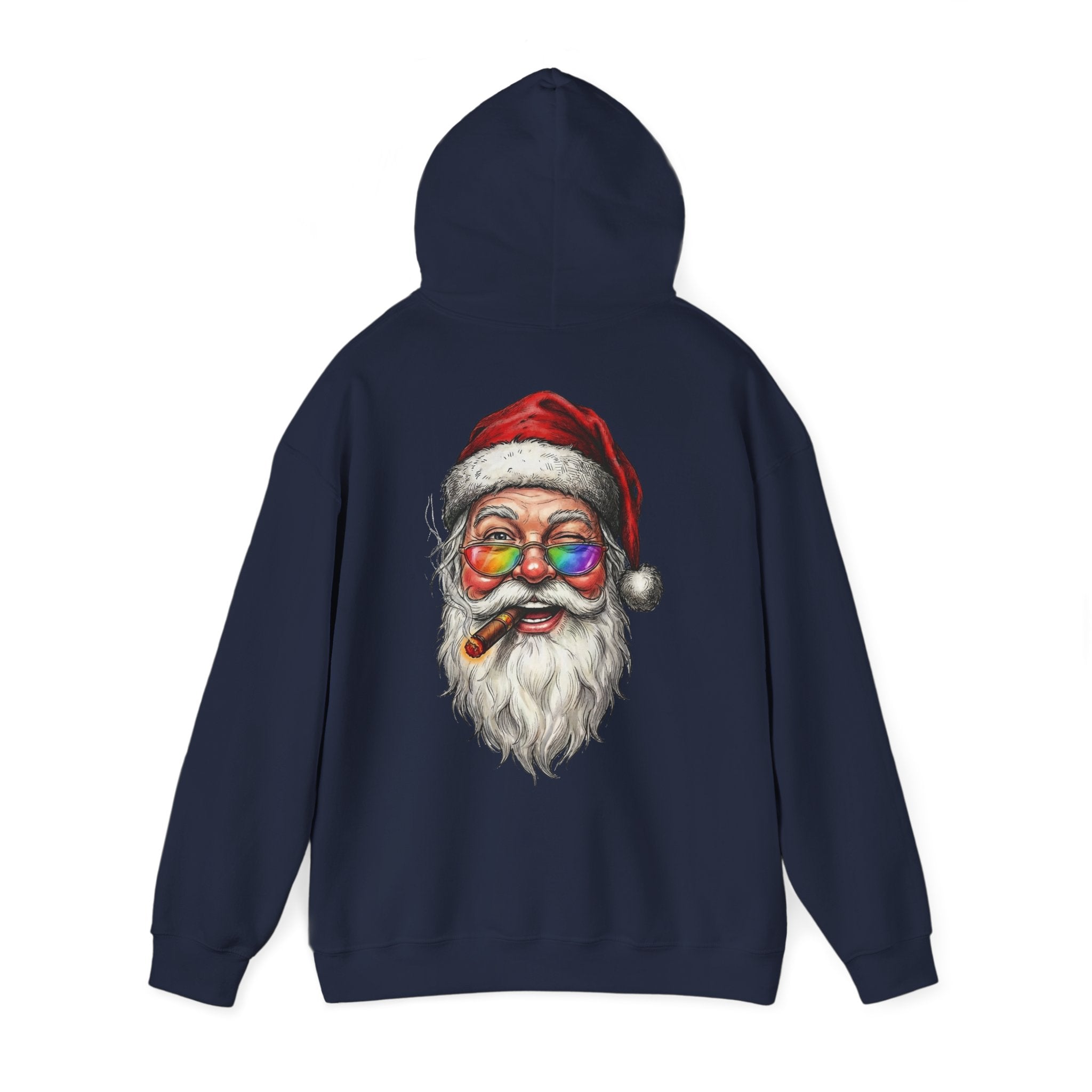 Friendly-Santa: Backprint, Unisex Hoodie, Rainbow Glasses Hoodie – Colorful Retro Christmas Sweatshirt