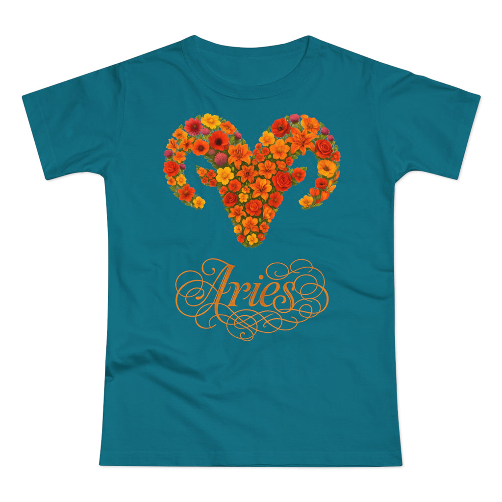 Widder: Frontprint, Womens' T-Shirt, florales Sternzeichen, Zodiac Astrologie (Aries)