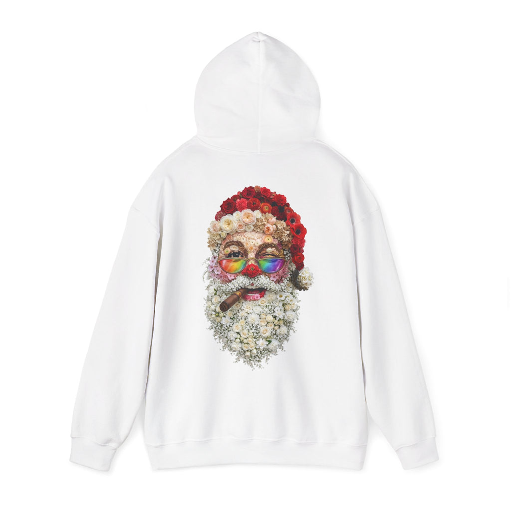 Blumen-Santa: Backprint, Unisex Hoodie, Rainbow Glasses Christmas X-Mas Floral