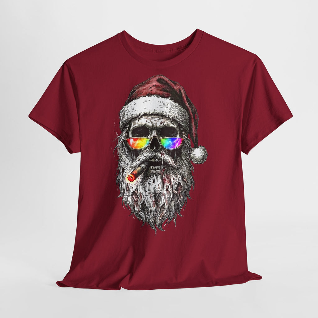 Dark-Santa: Frontprint, Unisex T-Shirt, Skull Graphic Tee Cool Santa with Rainbow Shades & Cigar, Holiday Christmas Shirt