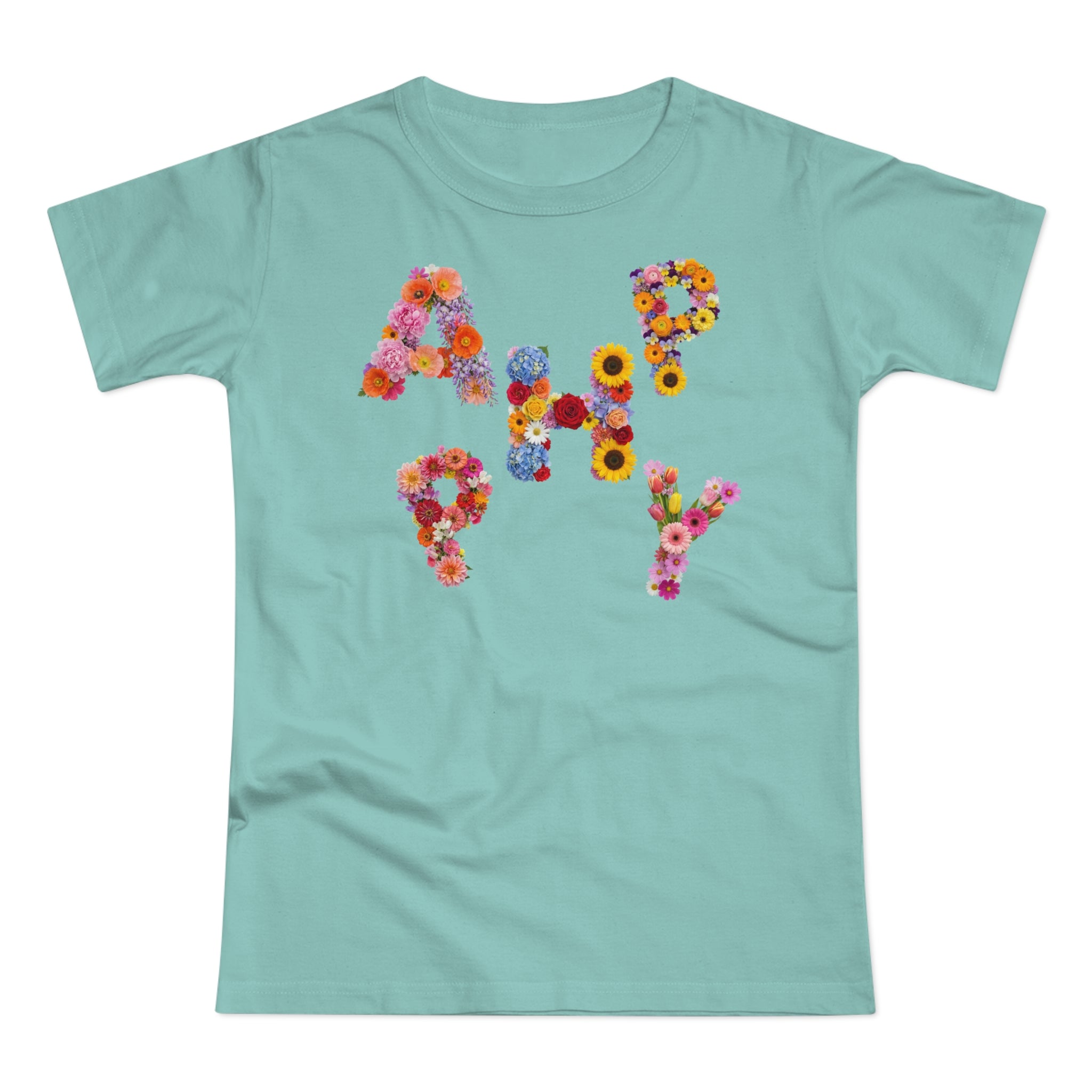 HAPPY, Frontprint, Womens' T-Shirt,  Floral Colorful Flower Lettering Tee