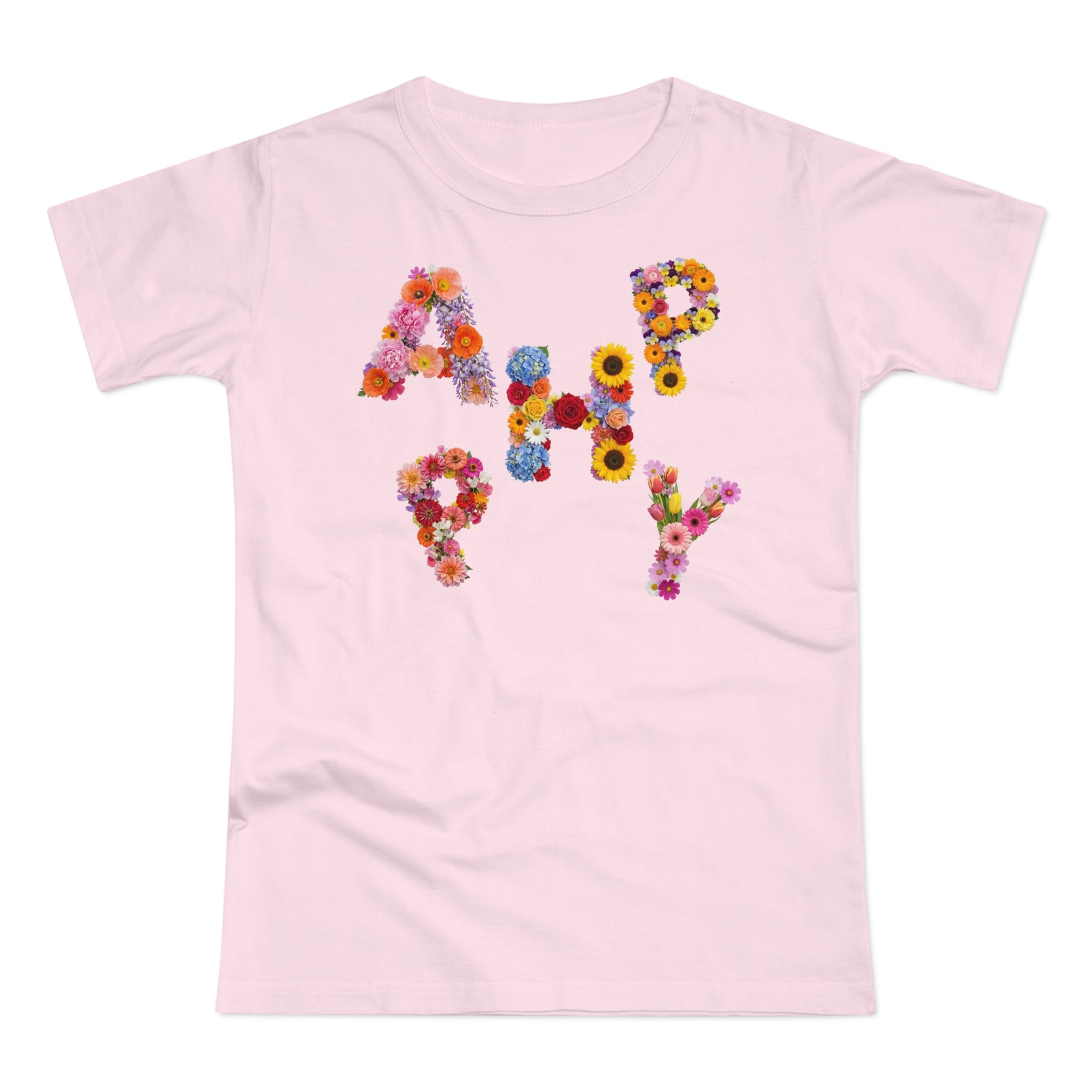 HAPPY, Frontprint, Womens' T-Shirt,  Floral Colorful Flower Lettering Tee