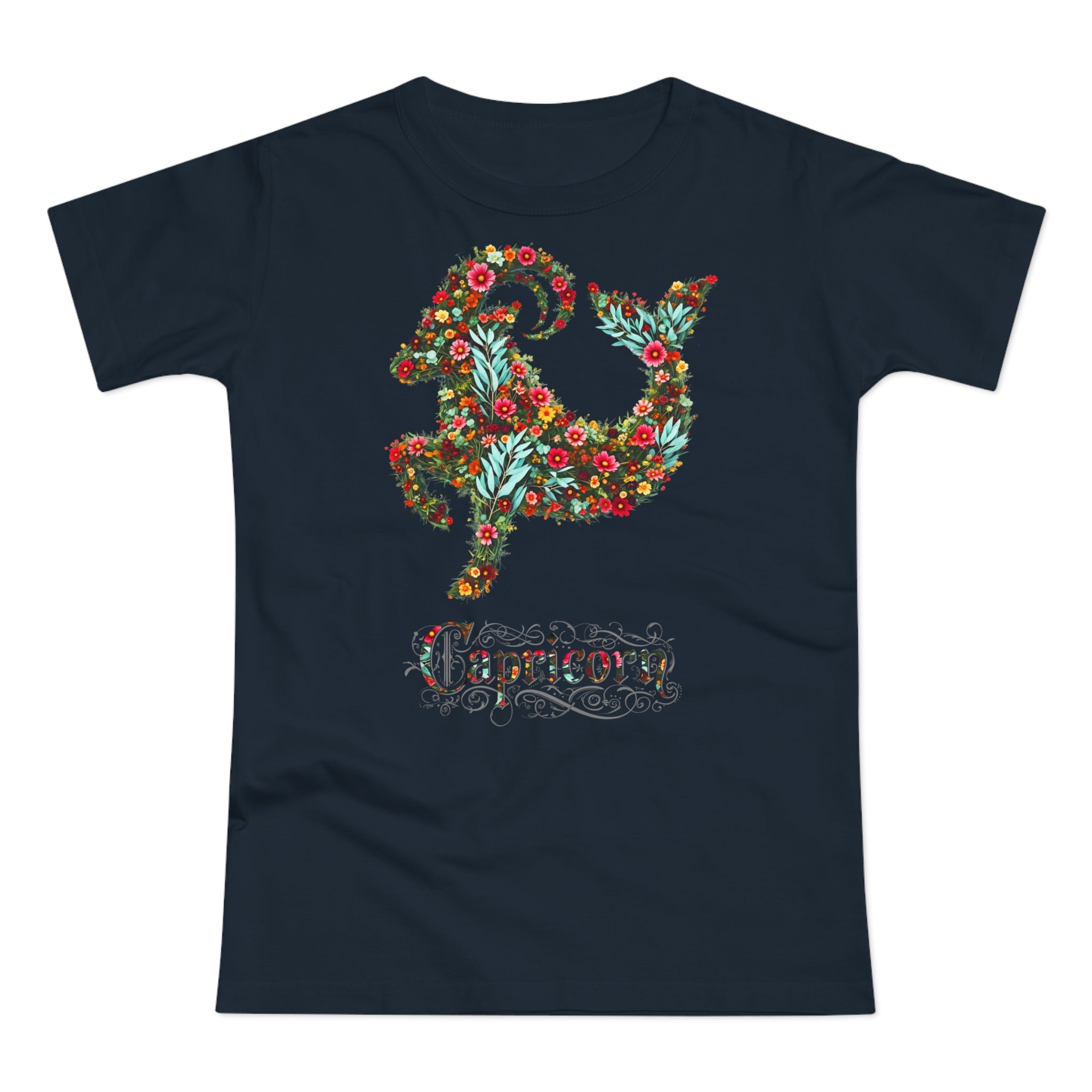 Steinbock: Frontprint, Womens' T-Shirt, florales Sternzeichen, Zodiac Astrologie (Capricorn)