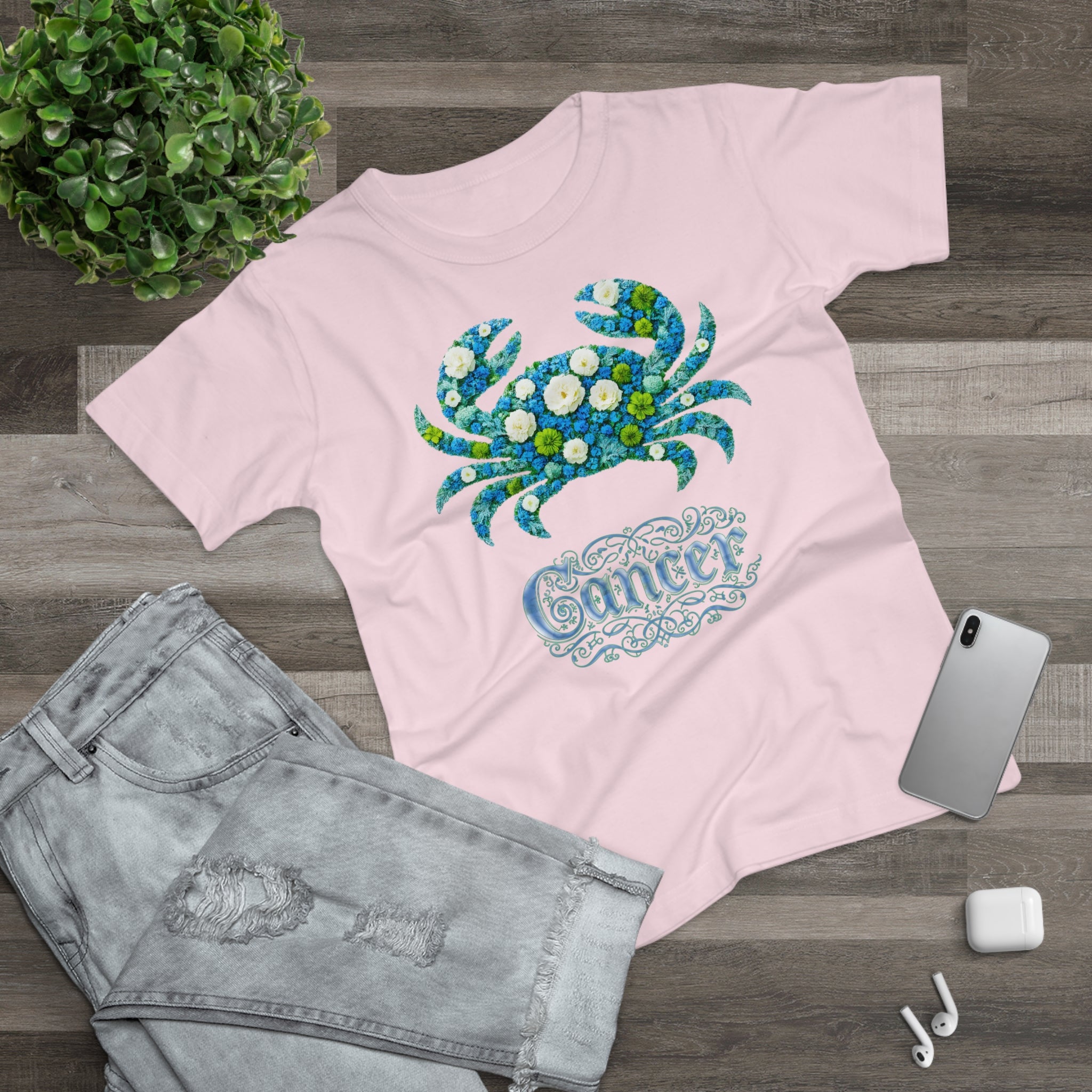 Krebs: Frontprint, Womens' T-Shirt, florales Sternzeichen, Zodiac Astrologie (Cancer)