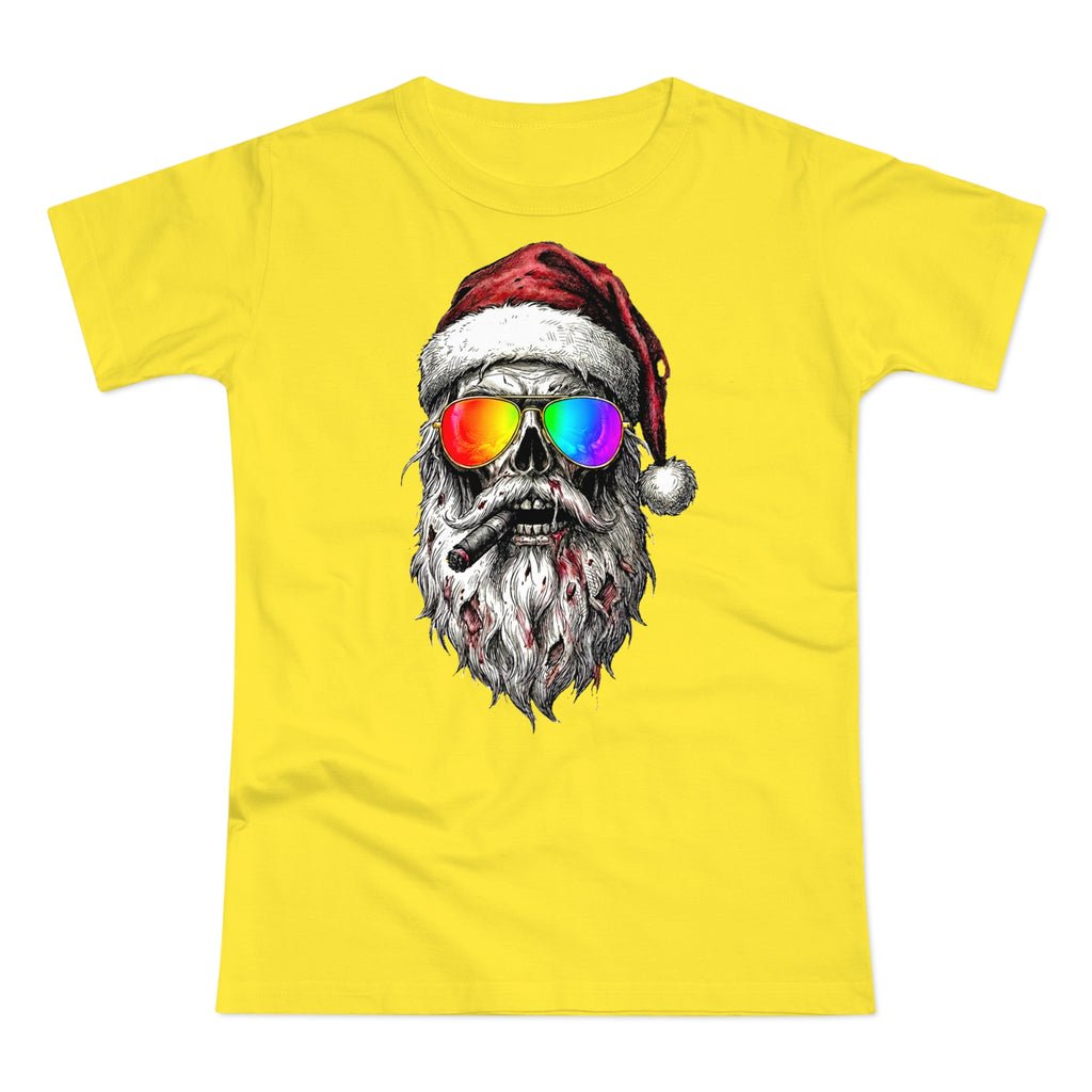 Pilot-Santa: Frontprint, Womens' T-Shirt, Skull T-Shirt — Cool Christmas Skull Tee with Rainbow Sunglasses