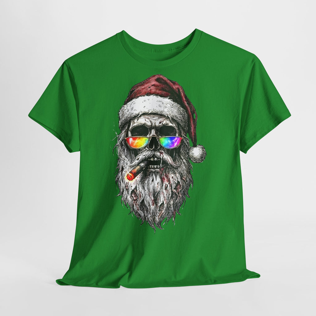 Dark-Santa: Frontprint, Unisex T-Shirt, Skull Graphic Tee Cool Santa with Rainbow Shades & Cigar, Holiday Christmas Shirt