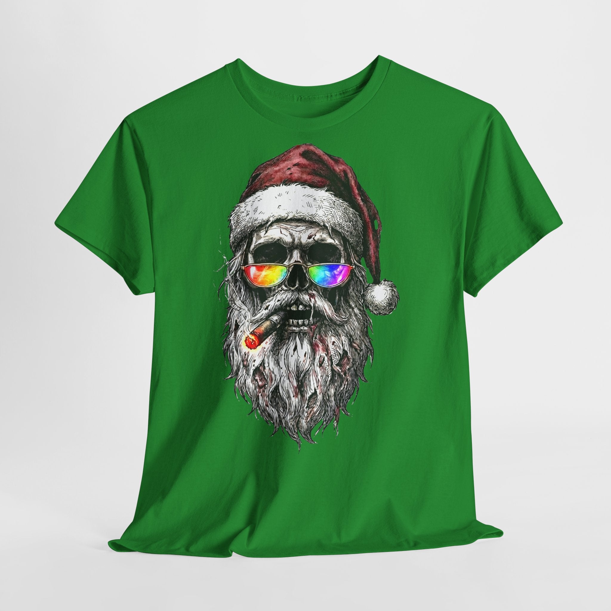 Dark-Santa: Frontprint, Unisex T-Shirt, Skull Graphic Tee Cool Santa with Rainbow Shades & Cigar, Holiday Christmas Shirt