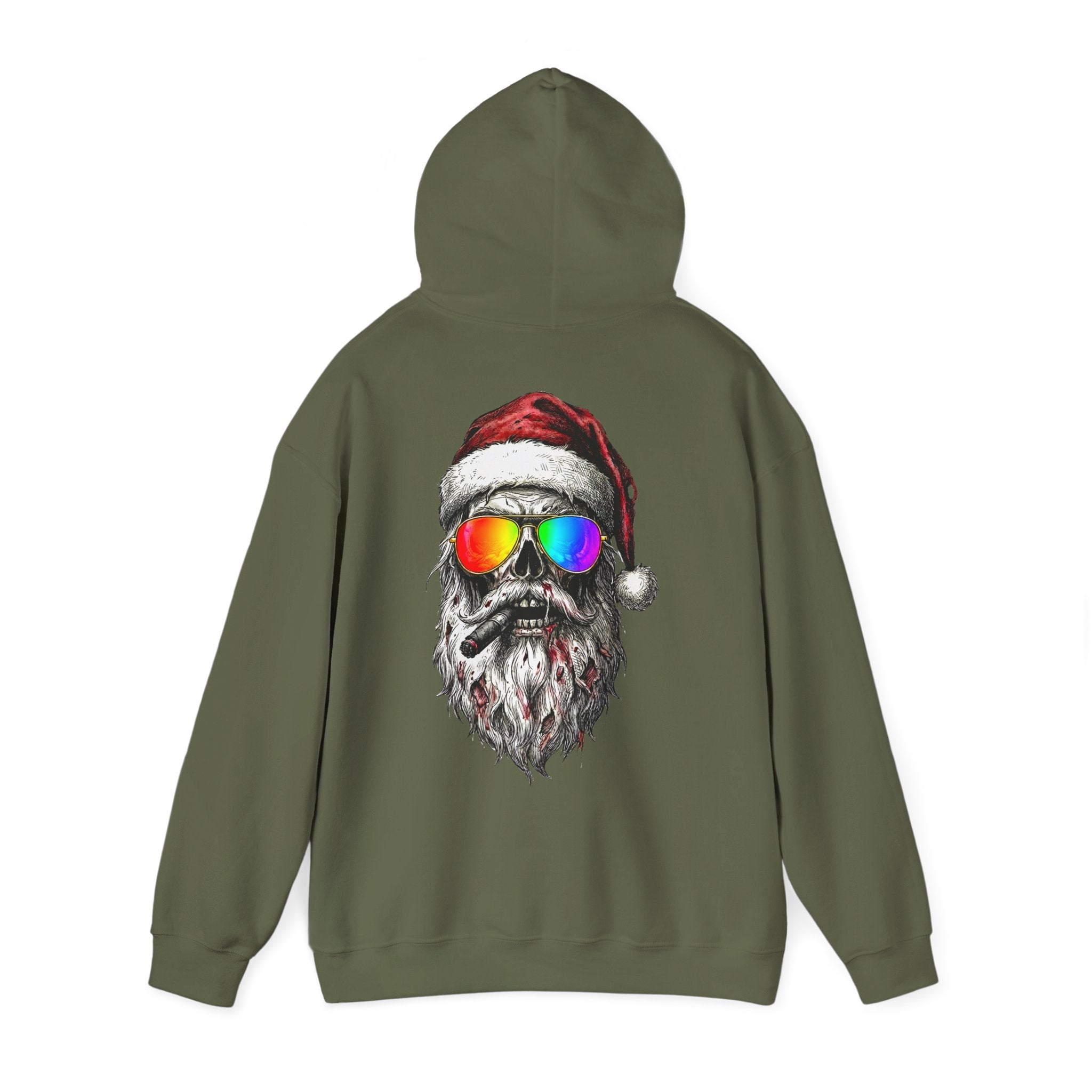 Pilot-Santa: Backprint, Unisex Hoodie Skull with Rainbow Sunglasses – Christmas Punk Pullover