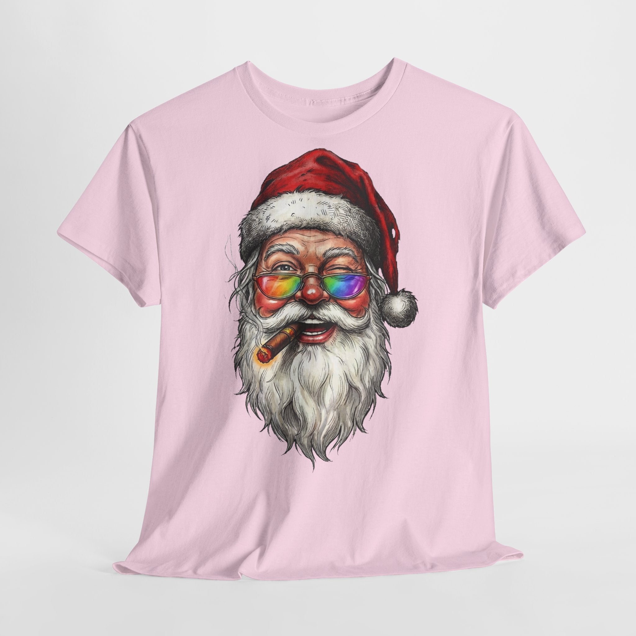 Friendly-Santa: Frontprint, Unisex T-Shirt, Colorful Retro Santa with Cigar Holiday Tee