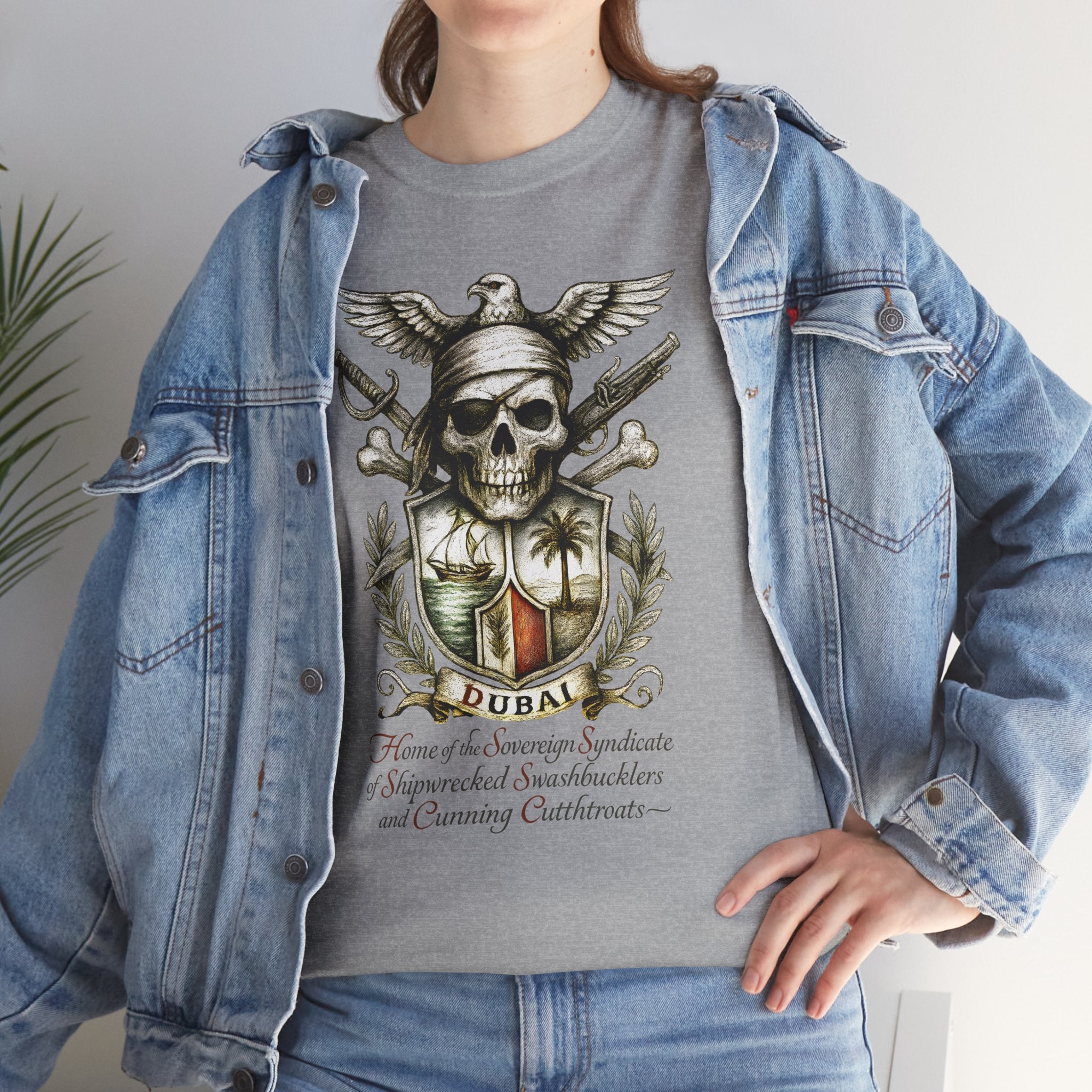 Grimwater Edition - Dubai, Skull & Crossbones Tee, Home of the Sovereign Syndicate of Swashbucklers Cutthroats