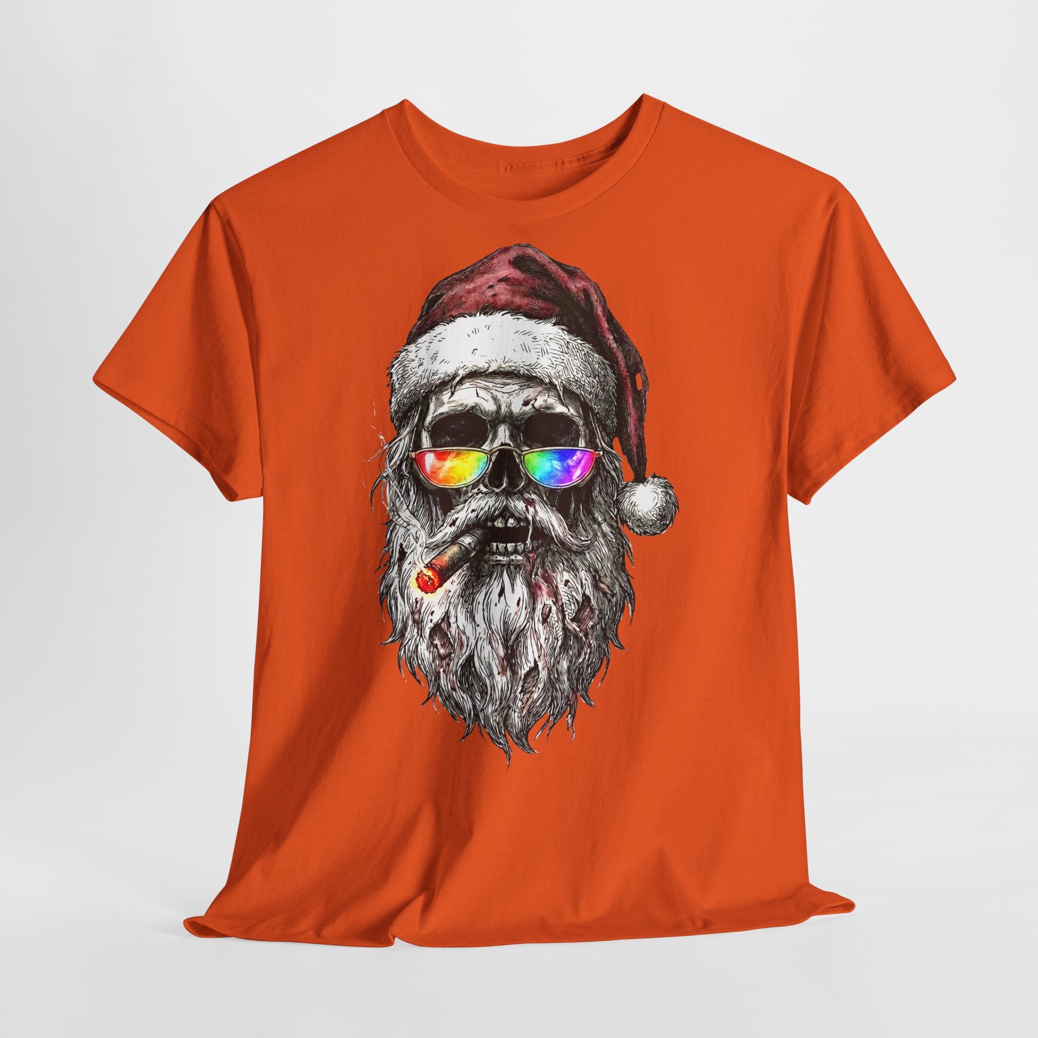 Dark-Santa: Frontprint, Unisex T-Shirt, Skull Graphic Tee Cool Santa with Rainbow Shades & Cigar, Holiday Christmas Shirt