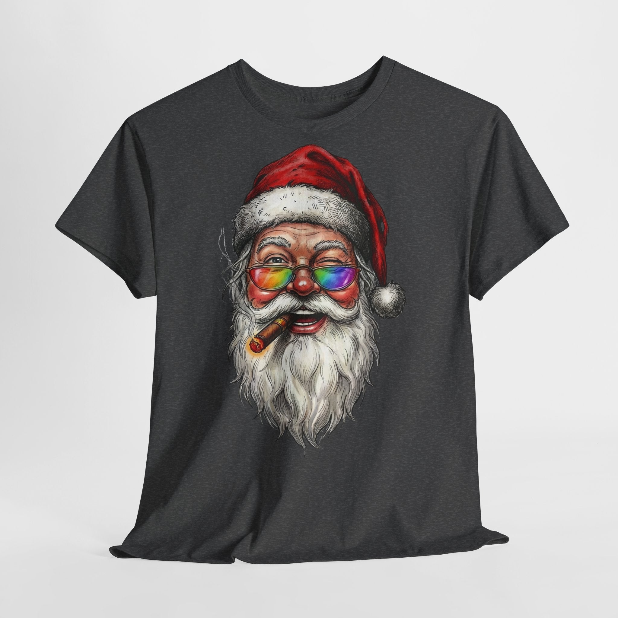 Friendly-Santa: Frontprint, Unisex T-Shirt, Colorful Retro Santa with Cigar Holiday Tee