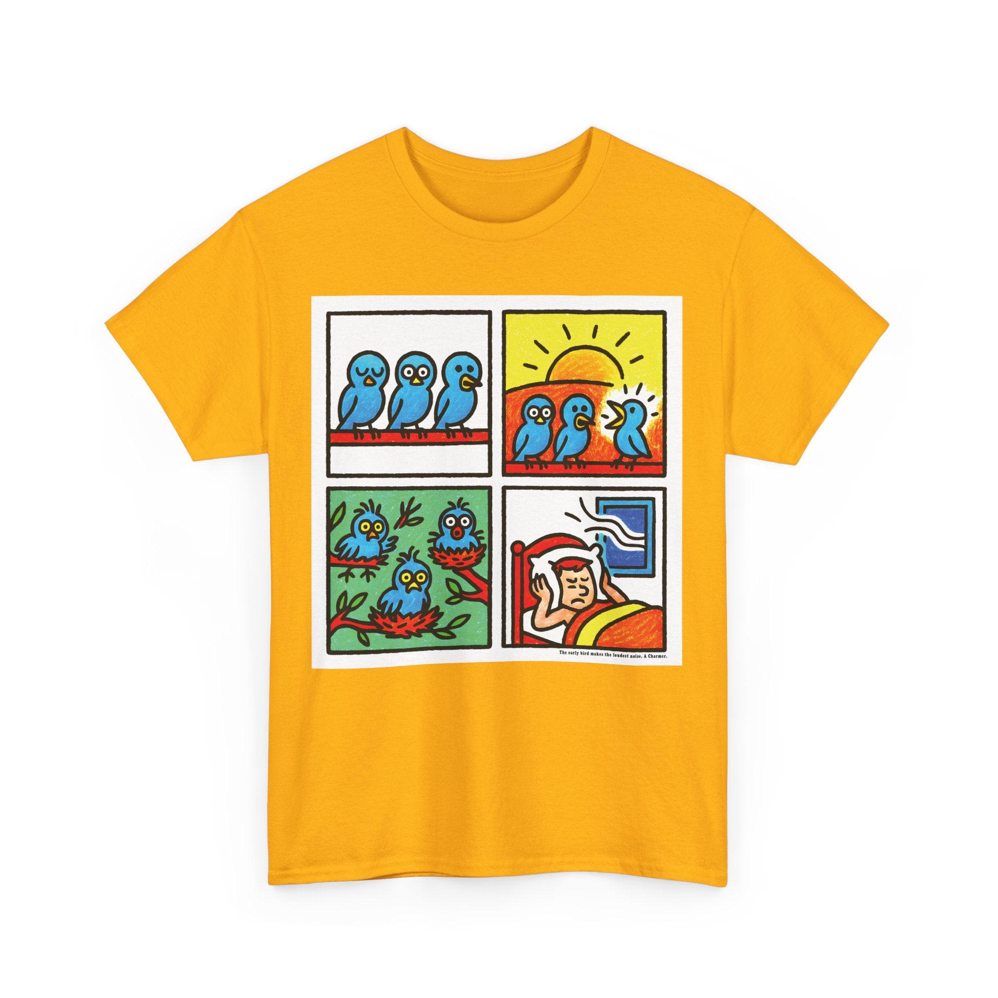Proverb - Early bird makes loudest noise, Colorful Quirky Bird Tee - Fun Graphic Shirt for Nature Lovers, Perfect Gift for Birdwatchers, Casual Wear, Birthday, Summer
