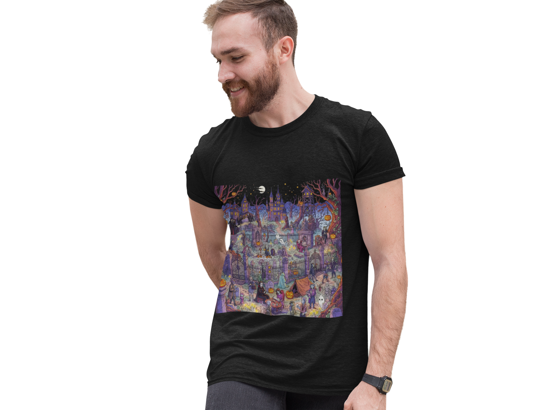 Wimmelbild Mystical Nightscape Unisex Tee - Bohemian Style, Graphic Tee, Festival Wear, Halloween T-Shirt, Unique Gift
