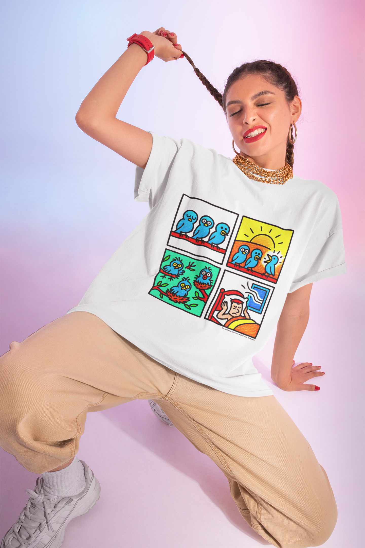 Proverb - Early bird makes loudest noise, Colorful Quirky Bird Tee - Fun Graphic Shirt for Nature Lovers, Perfect Gift for Birdwatchers, Casual Wear, Birthday, Summer