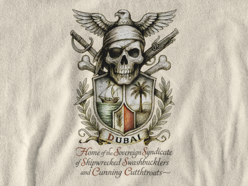 Grimwater Edition - Dubai, Skull & Crossbones Tee, Home of the Sovereign Syndicate of Swashbucklers Cutthroats
