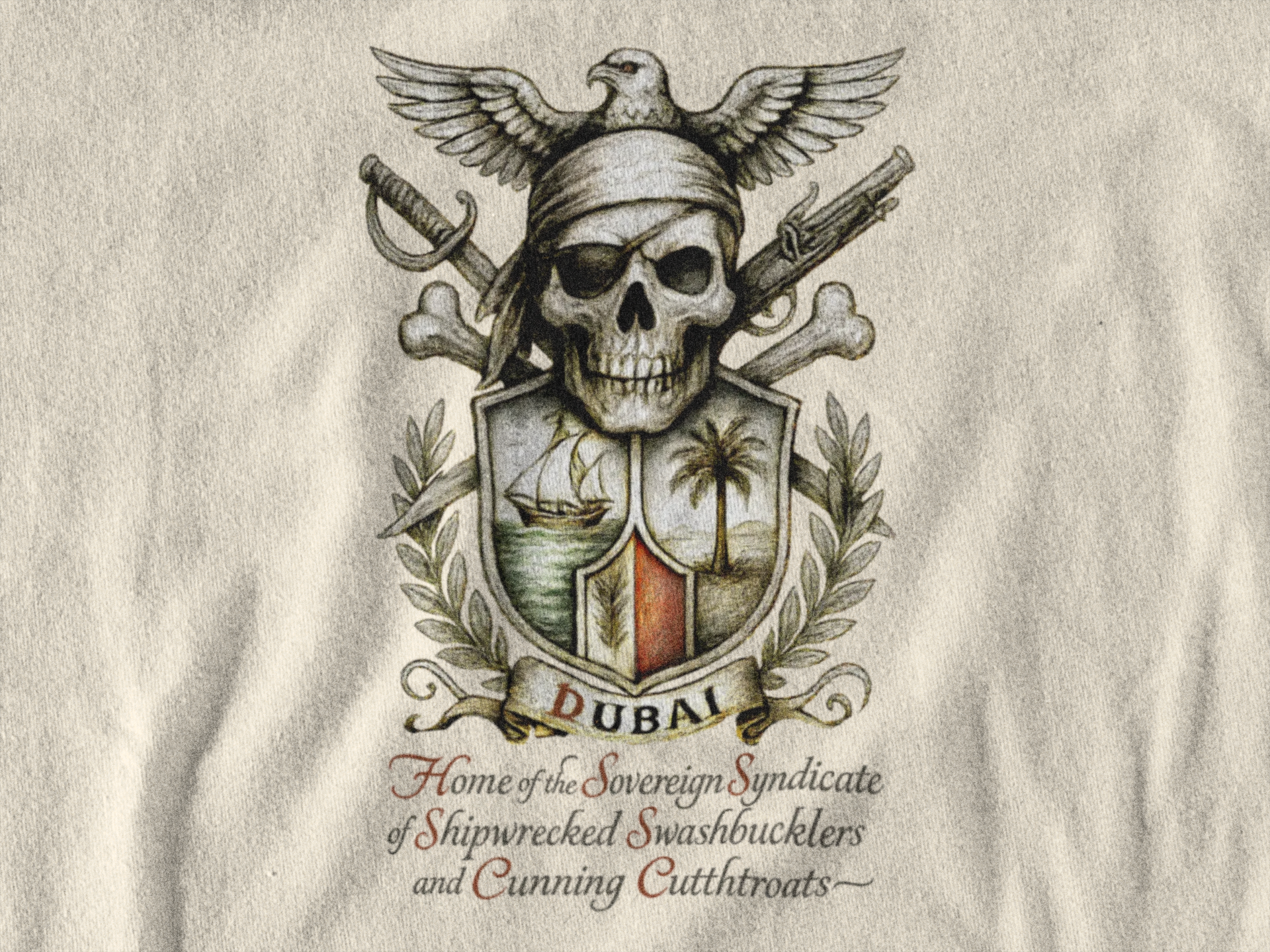 Grimwater Edition - Dubai, Skull & Crossbones Tee, Home of the Sovereign Syndicate of Swashbucklers Cutthroats